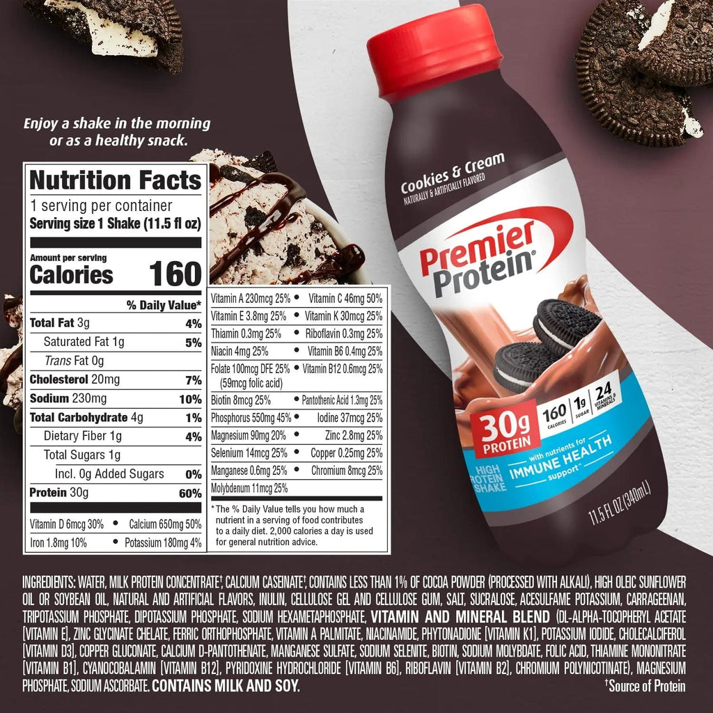 Premier Protein Shake, Cookies & Cream, 30g Protein, 1g Sugar, 24 Vitamins & Minerals - TrustMedUSA