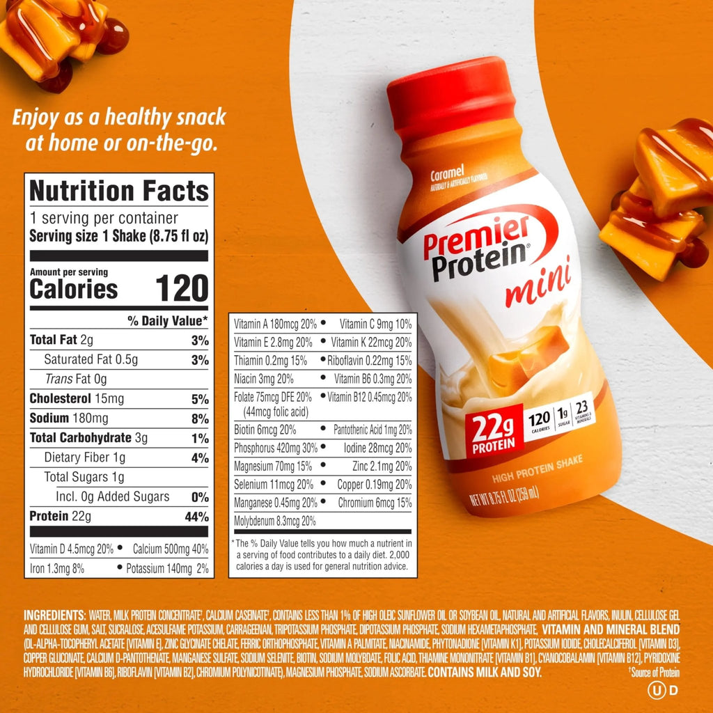 Premier Protein Shake MINIs, Caramel, 22g Protein, 120 Calories, 1g Sugar, 8.75fl oz - TrustMedUSA