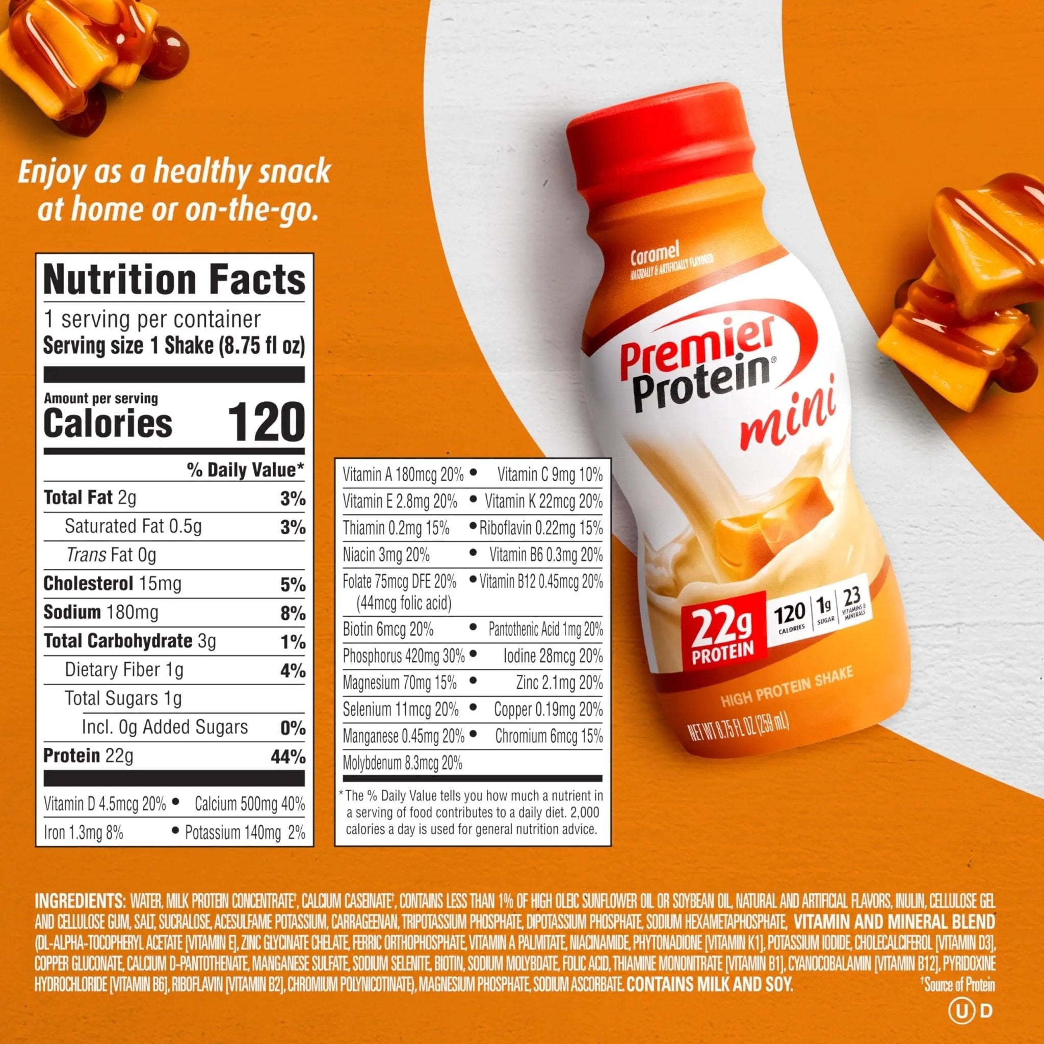 Premier Protein Shake MINIs, Caramel, 22g Protein, 120 Calories, 1g Sugar, 8.75fl oz - TrustMedUSA