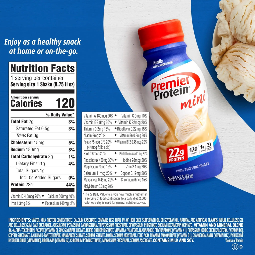 Premier Protein Shake MINIs, Vanilla, 22g Protein, 120 Calories, 1g Sugar, 8.75fl oz - TrustMedUSA