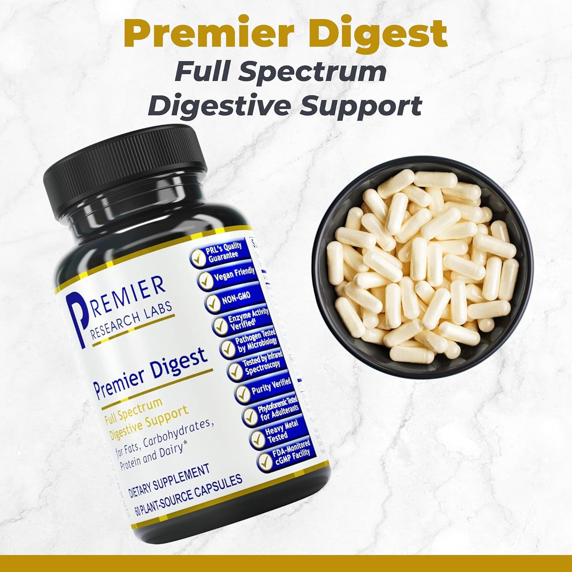 Premier Research Labs Active Digestive Enzymes with Probiotic and Prebiotics - Promotes Full-Spectrum Digestive Support - with Amylase, Protease & Lipase, 60 Plant-Sourced Capsules - TrustMedUSA