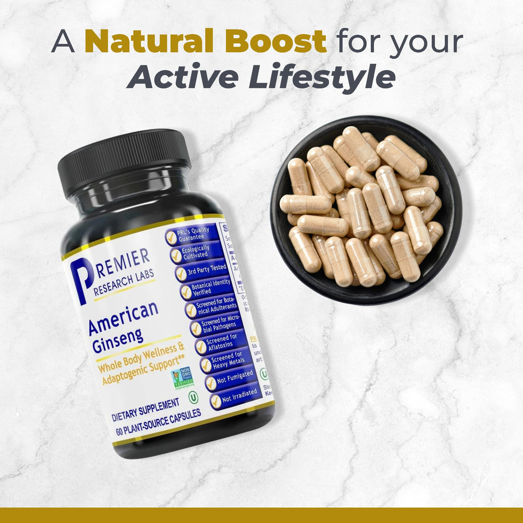 Premier Research Labs American Ginseng Supplement - American Ginseng Capsules, Herbal Ginseng Root Pills, North American Ginseng Herb Extract, Calming Energy Supplement - 60 Plant-Based Capsules - TrustMedUSA