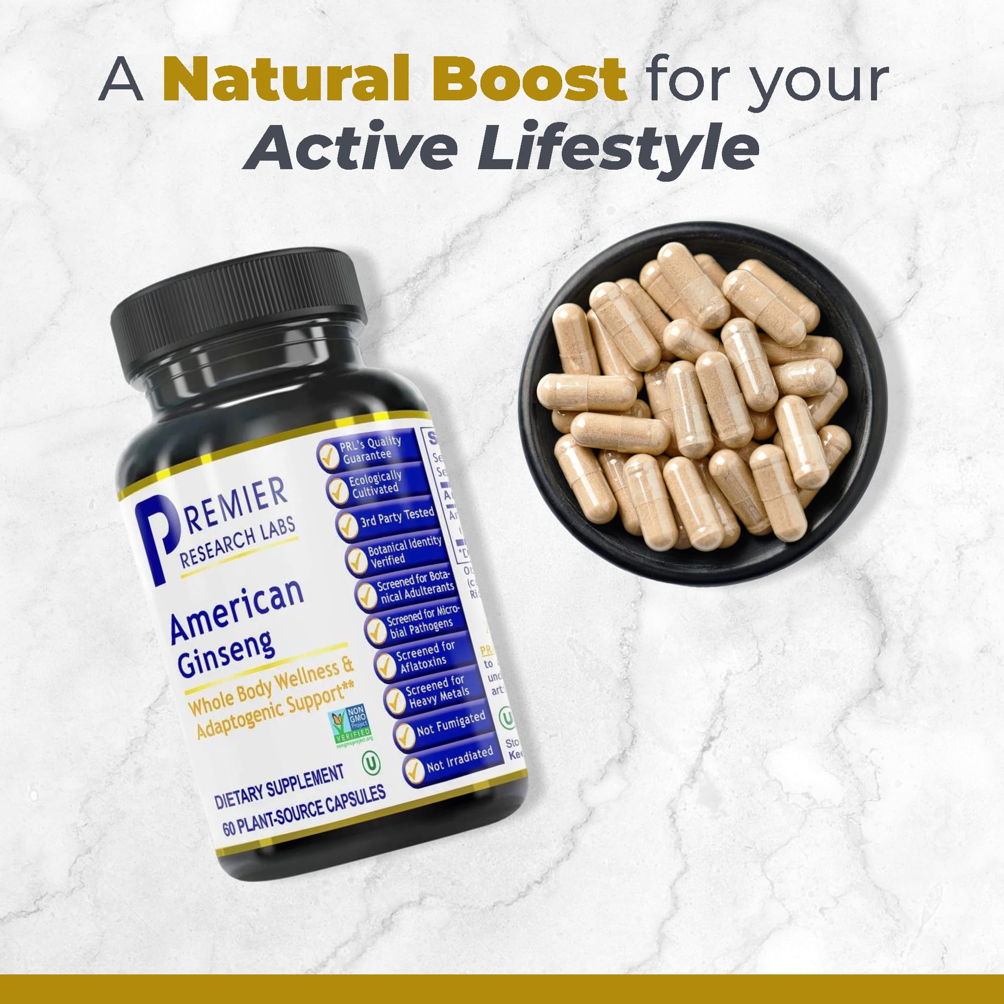 Premier Research Labs American Ginseng Supplement - American Ginseng Capsules, Herbal Ginseng Root Pills, North American Ginseng Herb Extract, Calming Energy Supplement - 60 Plant-Based Capsules - TrustMedUSA