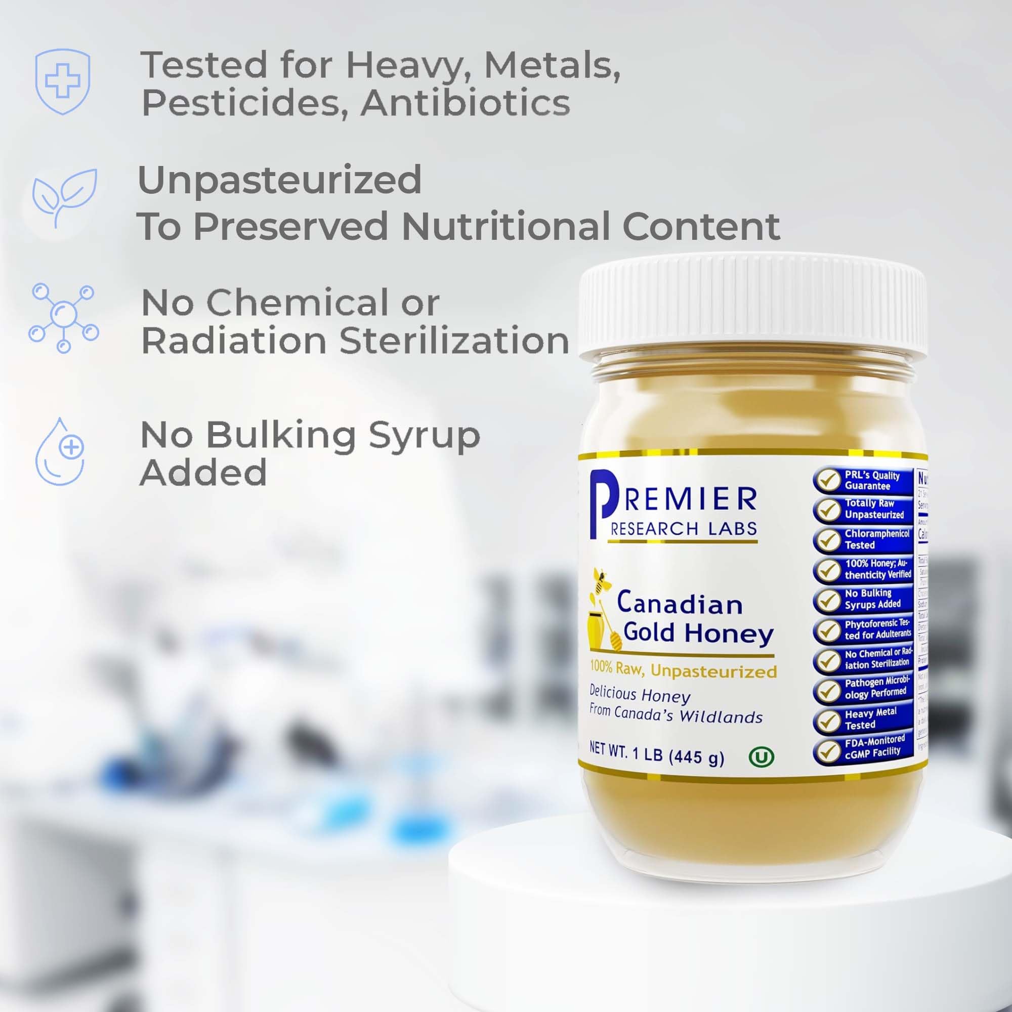 Premier Research Labs Canadian Gold Honey - Raw Honey, Pure Honey, Raw Unpasteurized Honey, Unfiltered, 100% Pure, Sugar-Free, Unprocessed Wildflower Honey - 1 lb Jar - TrustMedUSA