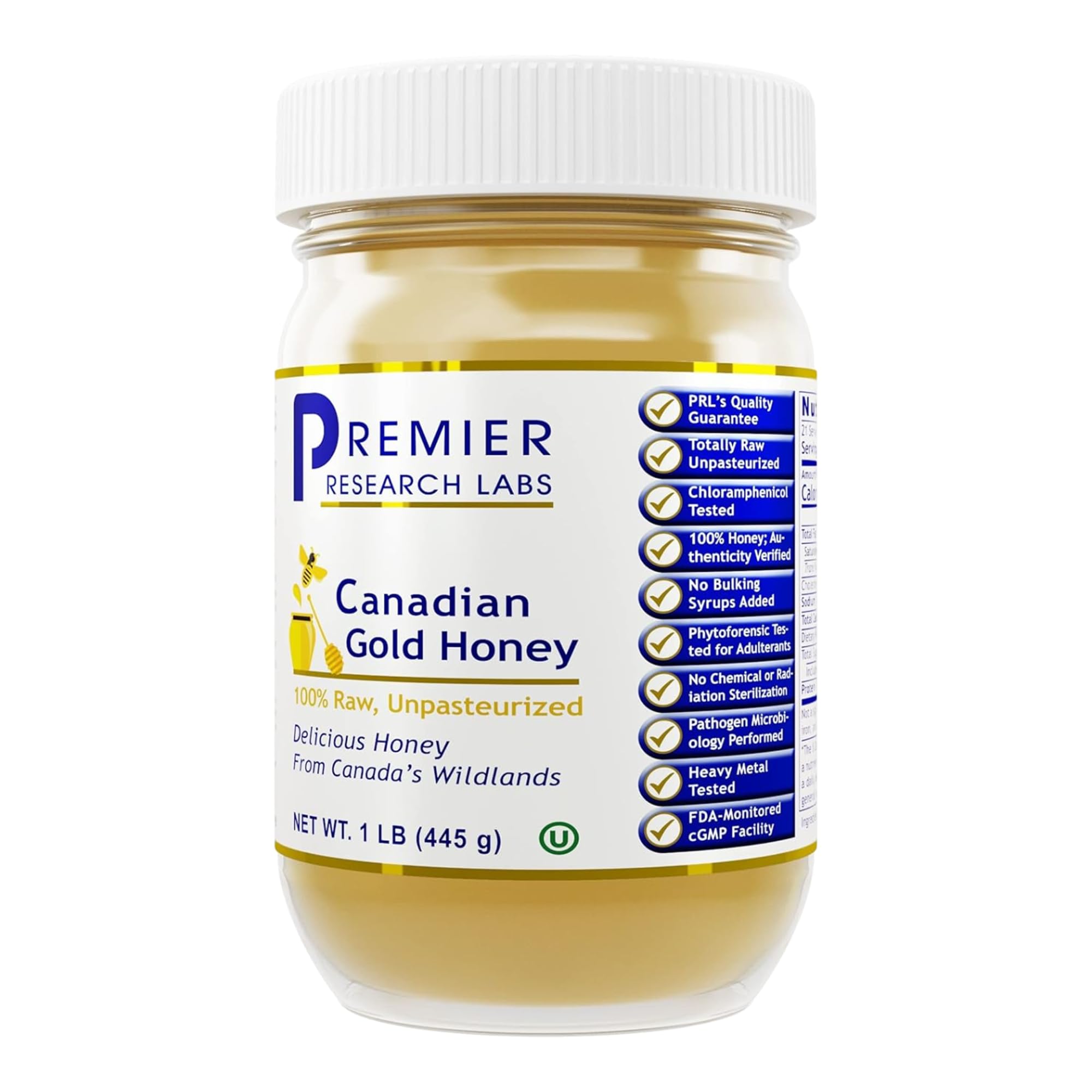 Premier Research Labs Canadian Gold Honey - Raw Honey, Pure Honey, Raw Unpasteurized Honey, Unfiltered, 100% Pure, Sugar-Free, Unprocessed Wildflower Honey - 1 lb Jar - TrustMedUSA