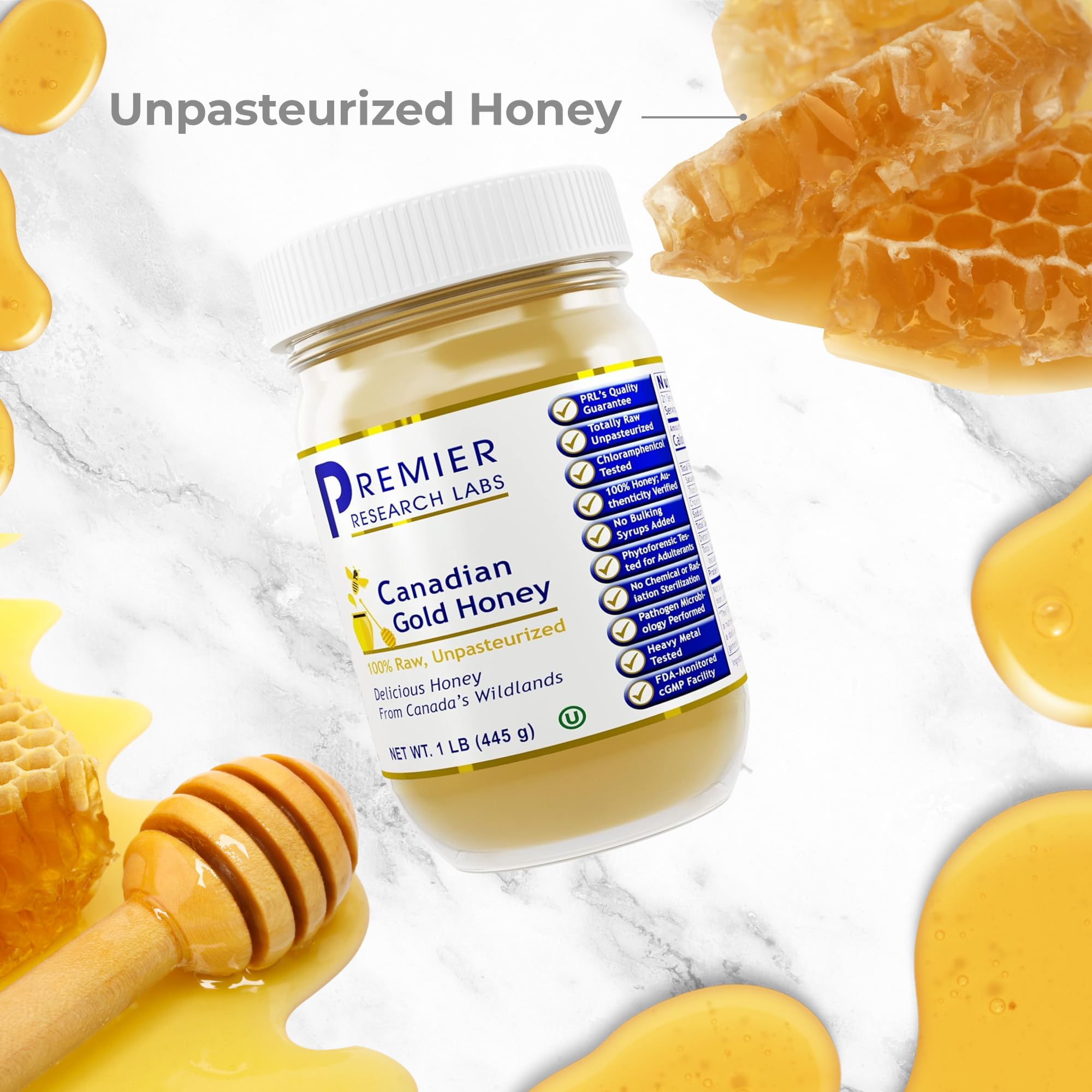 Premier Research Labs Canadian Gold Honey - Raw Honey, Pure Honey, Raw Unpasteurized Honey, Unfiltered, 100% Pure, Sugar-Free, Unprocessed Wildflower Honey - 1 lb Jar - TrustMedUSA