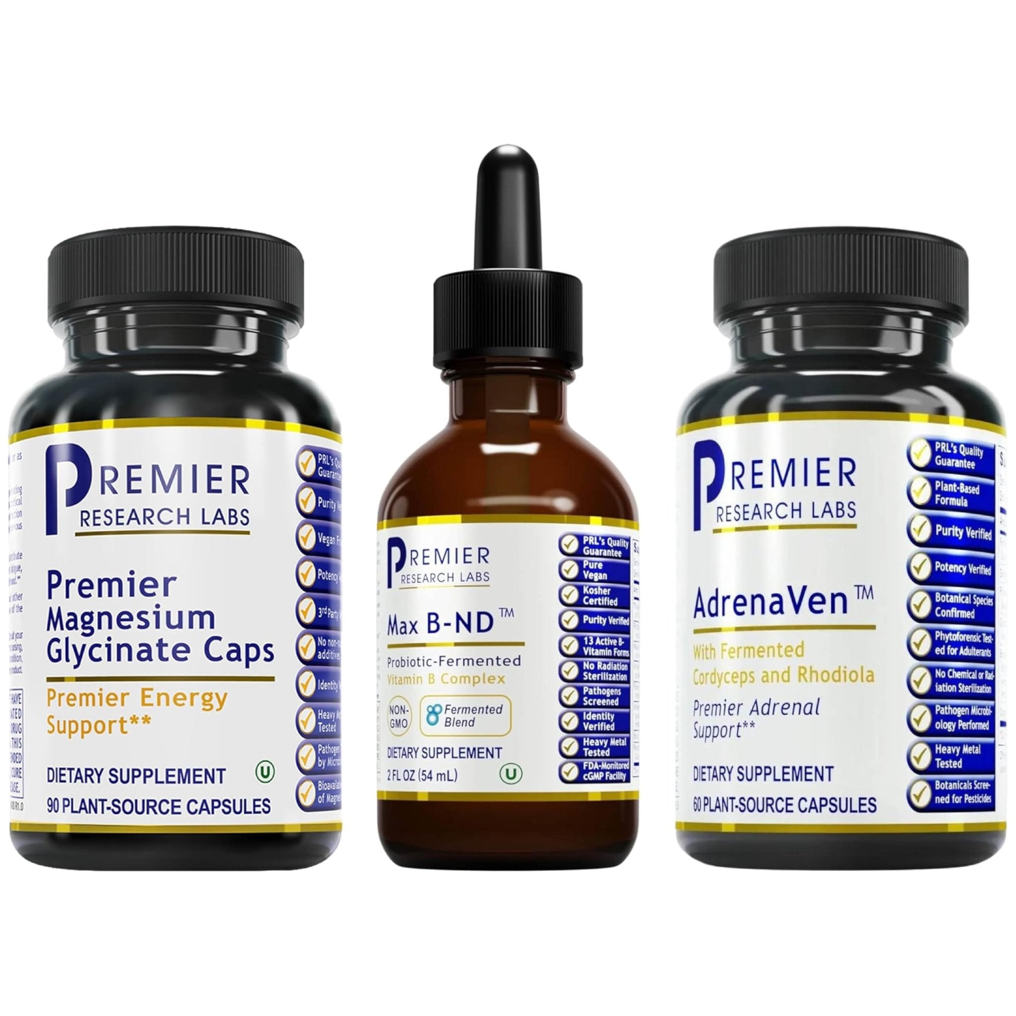 Premier Research Labs Magnesium Glycinate, Max BN-D, & AdrenaVen Supplement Bundle - Pure Magnesium, Liquid Vitamin B Complex for Liver & Brain Health, Adrenal Support for Women & Men - Pack of 3 - TrustMedUSA