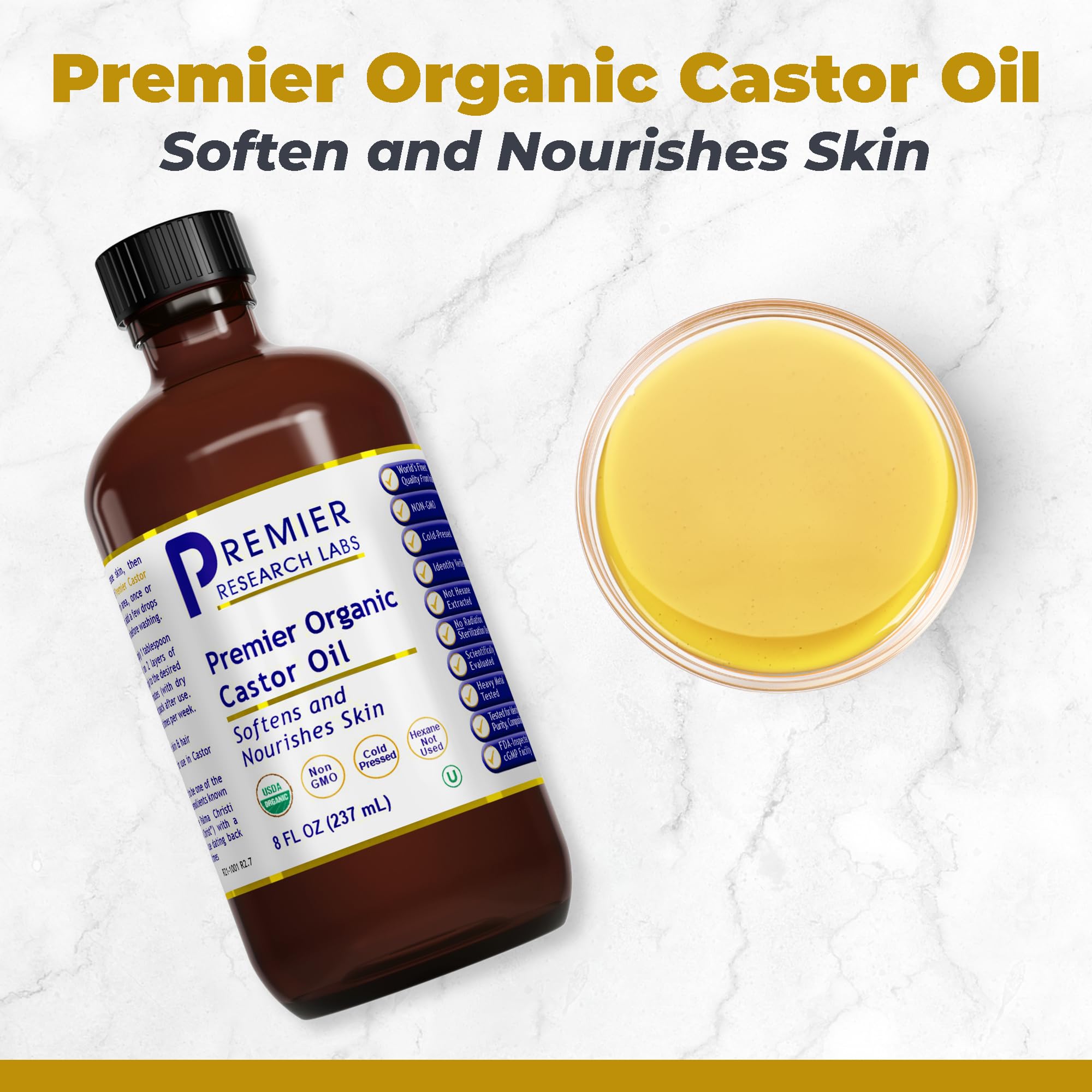 Premier Research Labs Organic Castor Oil for Face - Cold Pressed 100% Pure Castor Oil for Hair Growth, Skin & Body, Hexane Free - 8 Oz Bottle - TrustMedUSA