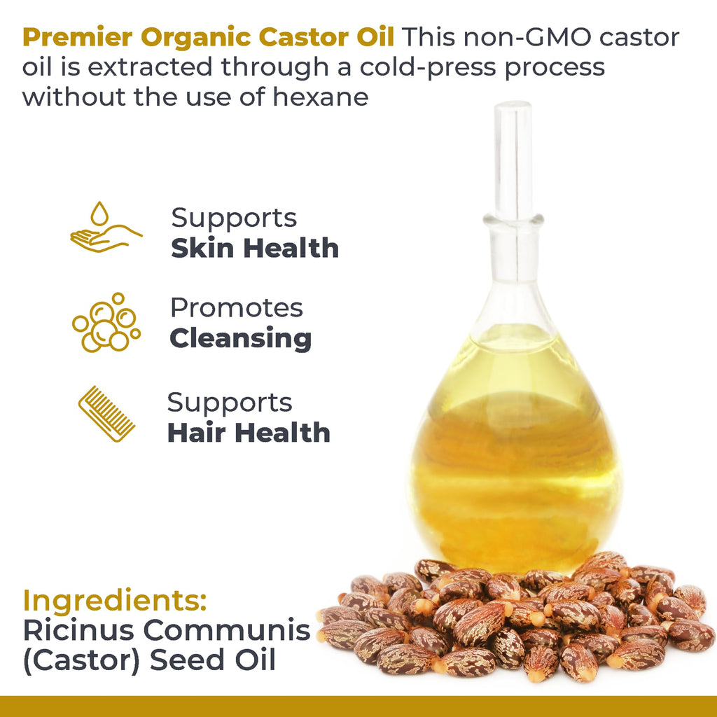 Premier Research Labs Organic Castor Oil for Face - Cold Pressed 100% Pure Castor Oil for Hair Growth, Skin & Body, Hexane Free - 8 Oz Bottle - TrustMedUSA