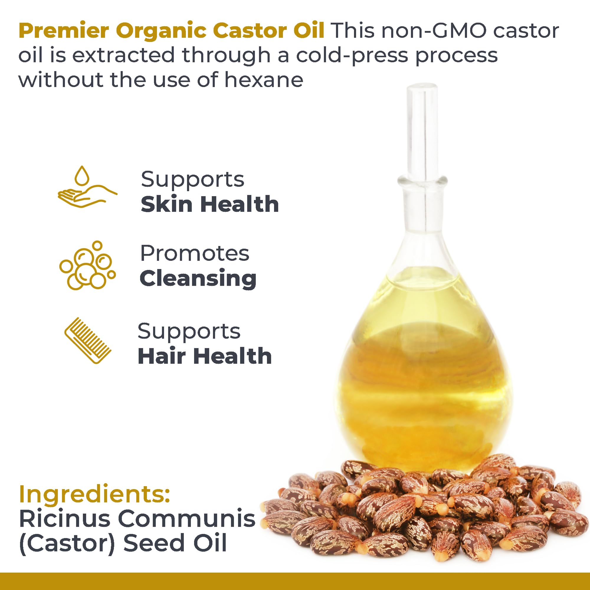 Premier Research Labs Organic Castor Oil for Face - Cold Pressed 100% Pure Castor Oil for Hair Growth, Skin & Body, Hexane Free - 8 Oz Bottle - TrustMedUSA