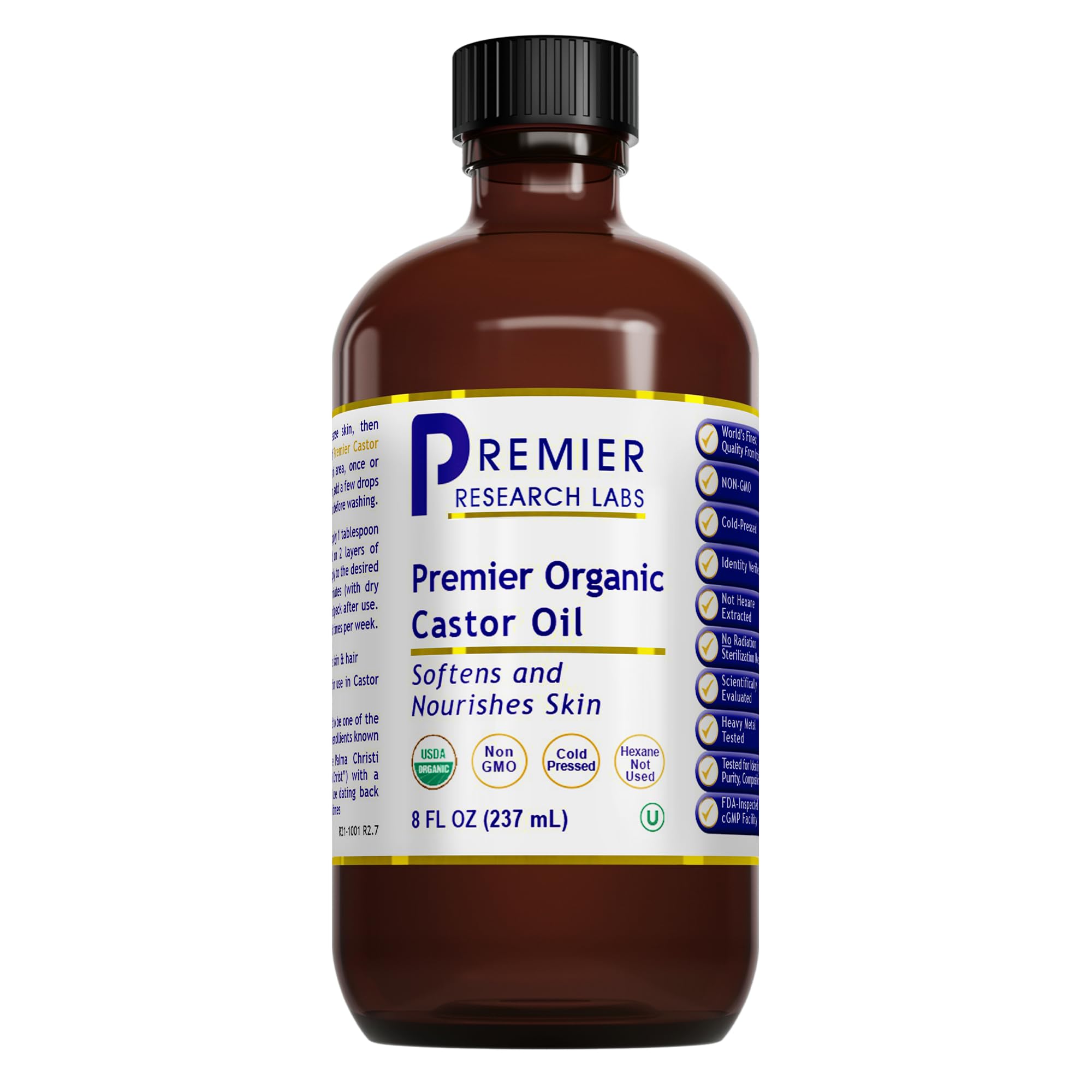 Premier Research Labs Organic Castor Oil for Face - Cold Pressed 100% Pure Castor Oil for Hair Growth, Skin & Body, Hexane Free - 8 Oz Bottle - TrustMedUSA