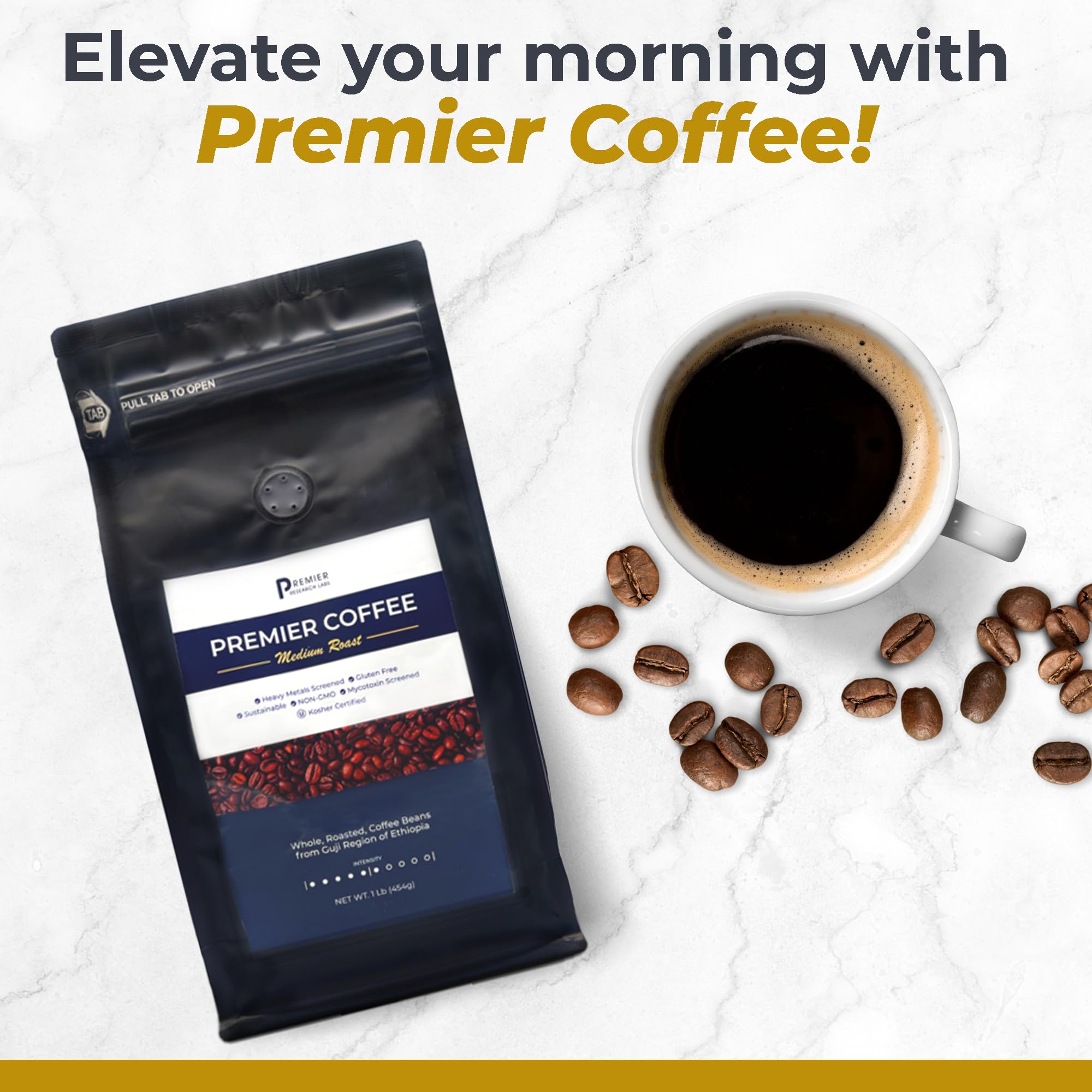 Premier Research Labs Organic Whole Roasted Coffee Beans - Medium Roast, From Guji Region of Ethiopia, Crafted for Optimal Health Benefits, Sweet & Fruity, Well-Balanced, Gluten Free - 1 Pound - TrustMedUSA