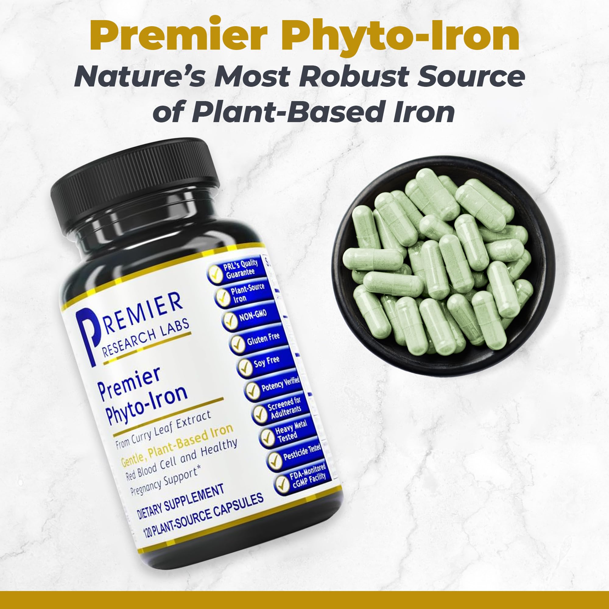 Premier Research Labs Phyto-Iron - Plant Based Iron for Men & Women for Blood Support, Curry Leaves Supplement, Iron Supplements, Non-Heme Iron, 18mg Iron Per Serving - 120 Vegetarian Capsules - TrustMedUSA