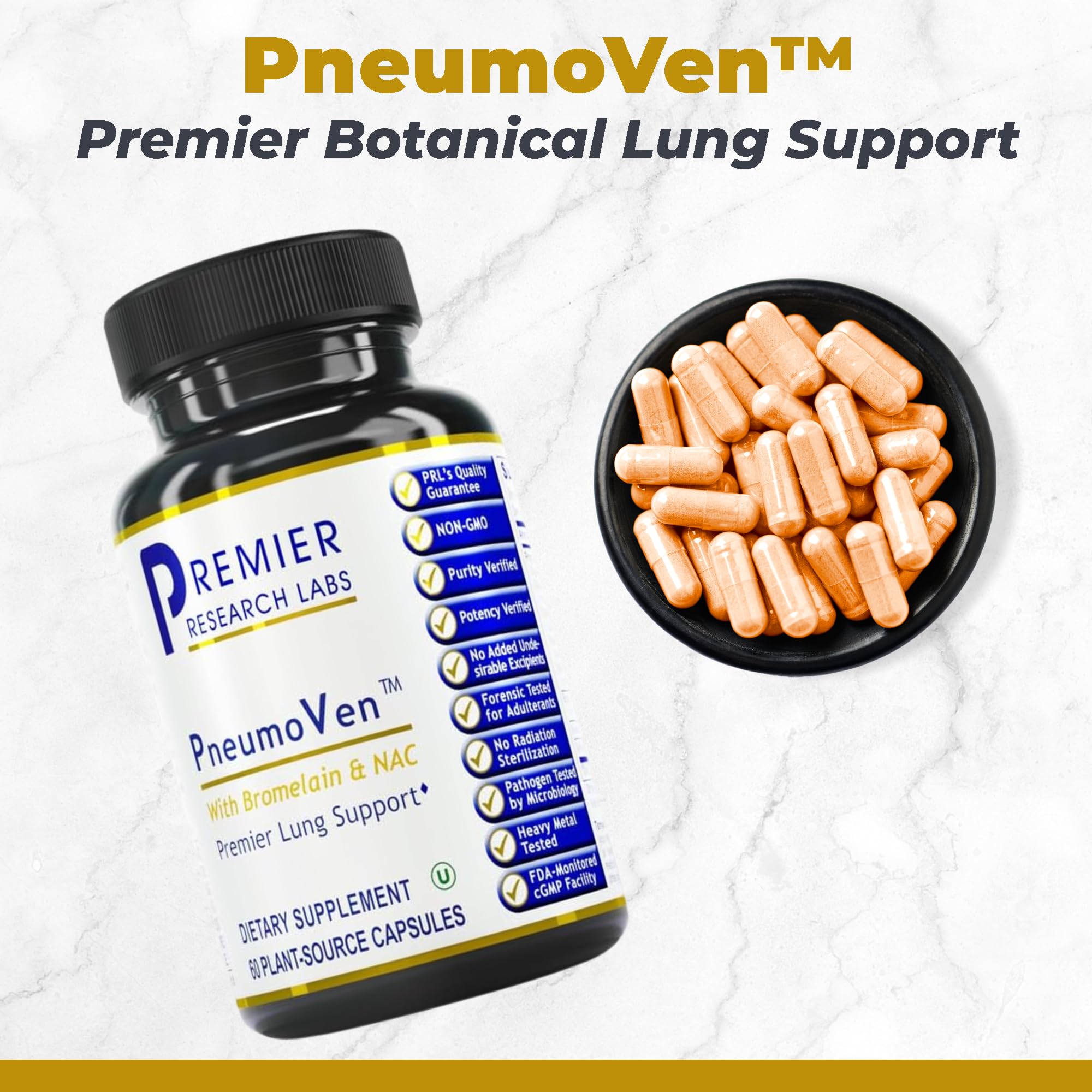 Premier Research Labs PneumoVen - Lung Support Supplement w/Bromelain & NAC, Lung Health Support Vitamins, Lung Cleanse - 60 Capsules - TrustMedUSA