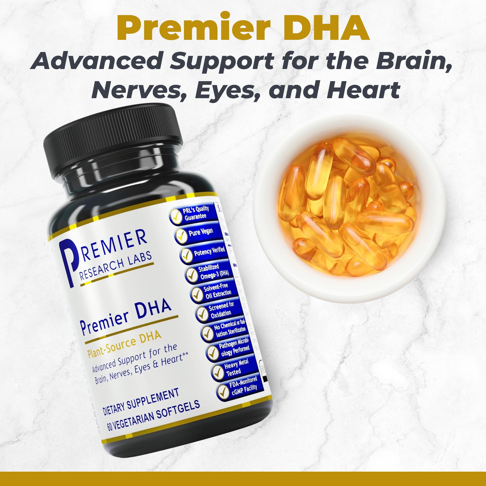 Premier Research Labs Premier DHA - Vegan DHA with Omega 3 Fatty Acids, Algae Based DHA for Women & Men, Natural DHA Supplement Suitable for Vegans- 60 Vegetarian Softgel Capsules - TrustMedUSA
