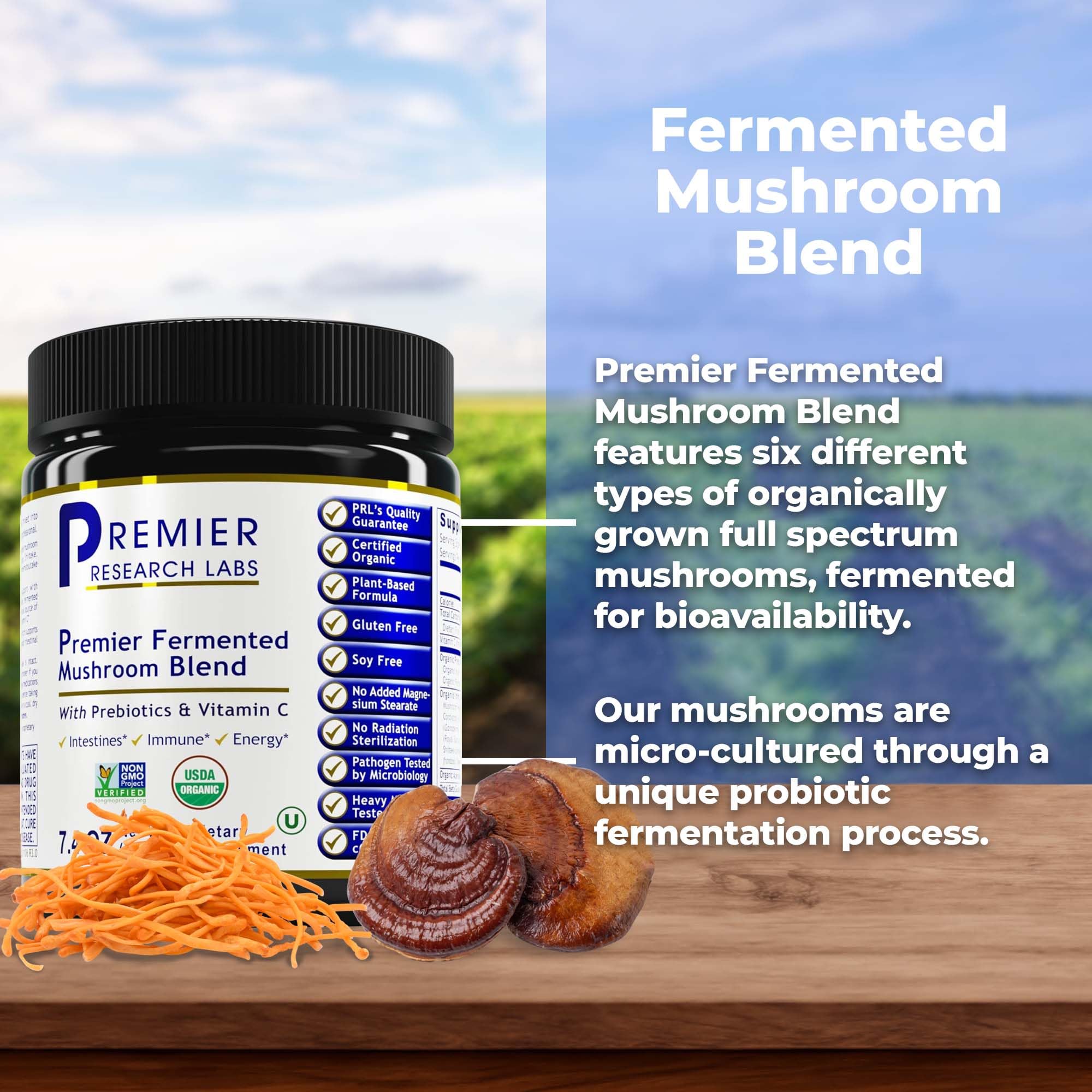 Premier Research Labs Premier Fermented Mushroom Blend - Reishi Mushroom Powder, Mushroom Extract for Drinks, Coffee, Mushroom Complex with Turkey Tail, Cordyceps for Immune & Gut Health - 7.4 oz - TrustMedUSA