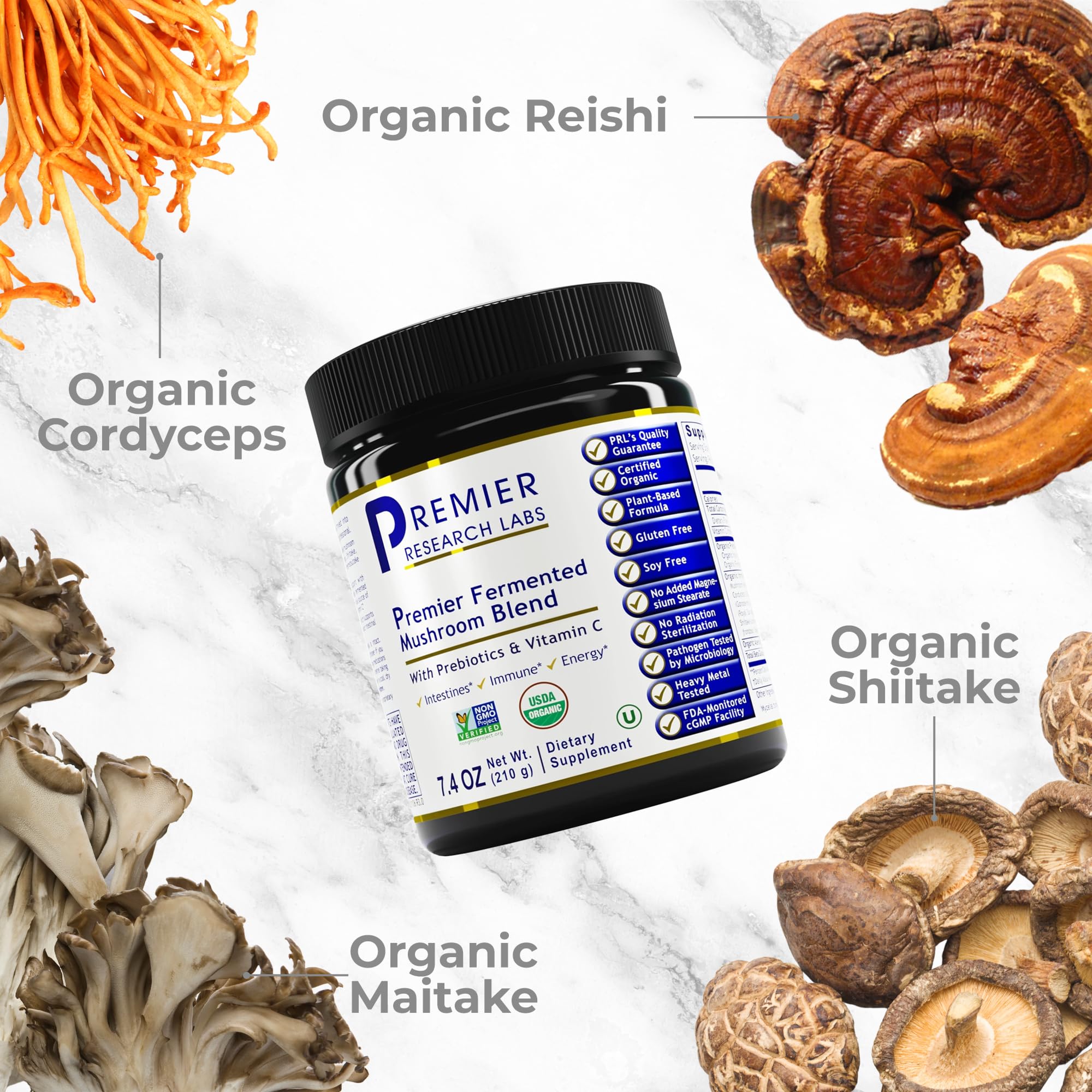 Premier Research Labs Premier Fermented Mushroom Blend - Reishi Mushroom Powder, Mushroom Extract for Drinks, Coffee, Mushroom Complex with Turkey Tail, Cordyceps for Immune & Gut Health - 7.4 oz - TrustMedUSA