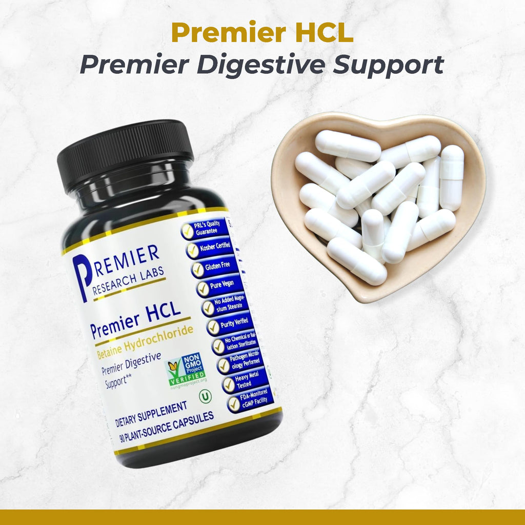 Premier Research Labs Premier HCL - Betaine HCL, Betaine Hydrochloride Supplement for Optimal Digestive Function, Nutrient Absorption, Betaine-HCL for Low Stomach Acid- 90 Vegetarian Capsules (2 Pack) - TrustMedUSA