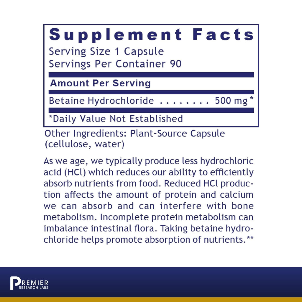 Premier Research Labs Premier HCL - Betaine HCL, Betaine Hydrochloride Supplement for Optimal Digestive Function, Nutrient Absorption, Betaine-HCL for Low Stomach Acid- 90 Vegetarian Capsules - TrustMedUSA