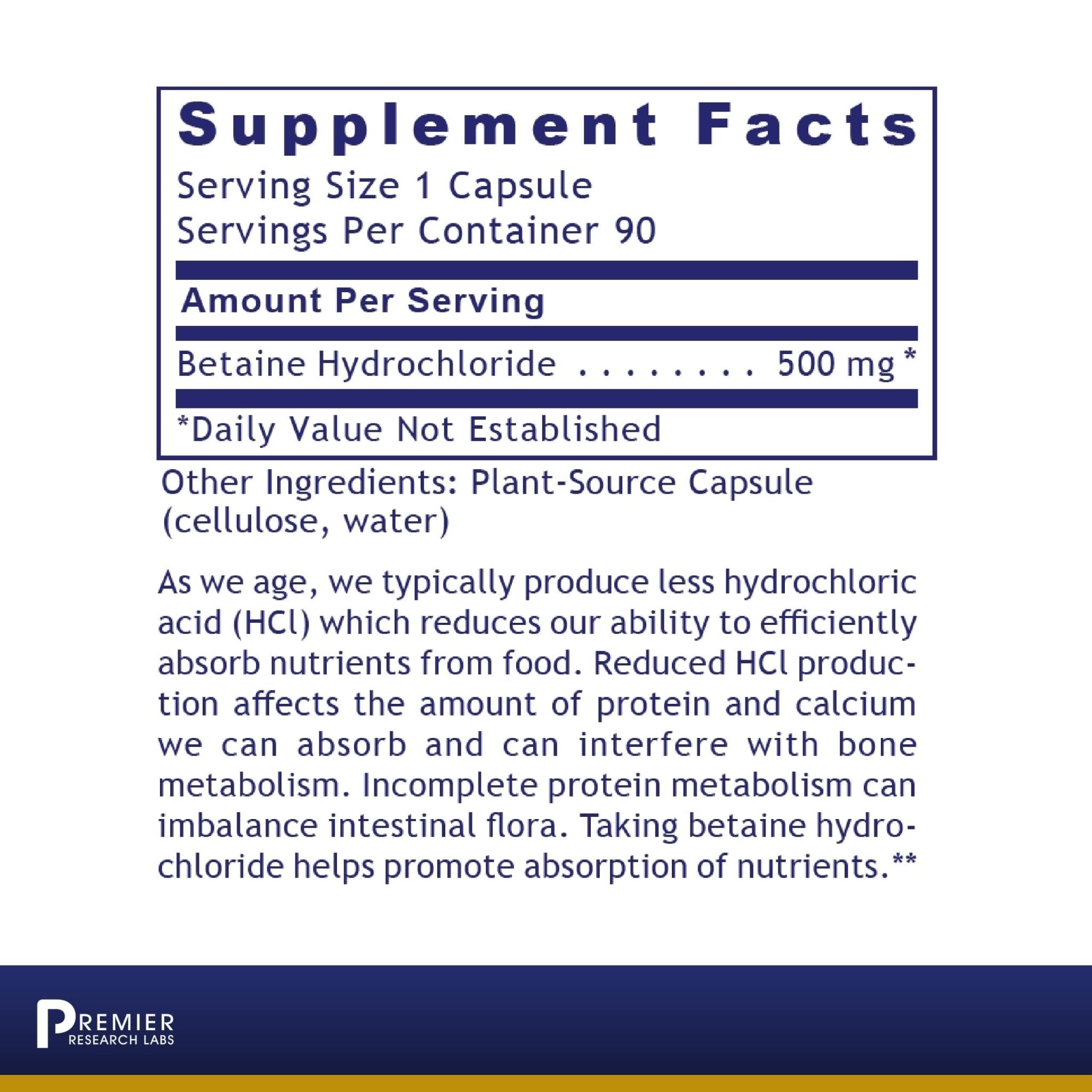 Premier Research Labs Premier HCL - Betaine HCL, Betaine Hydrochloride Supplement for Optimal Digestive Function, Nutrient Absorption, Betaine-HCL for Low Stomach Acid- 90 Vegetarian Capsules - TrustMedUSA
