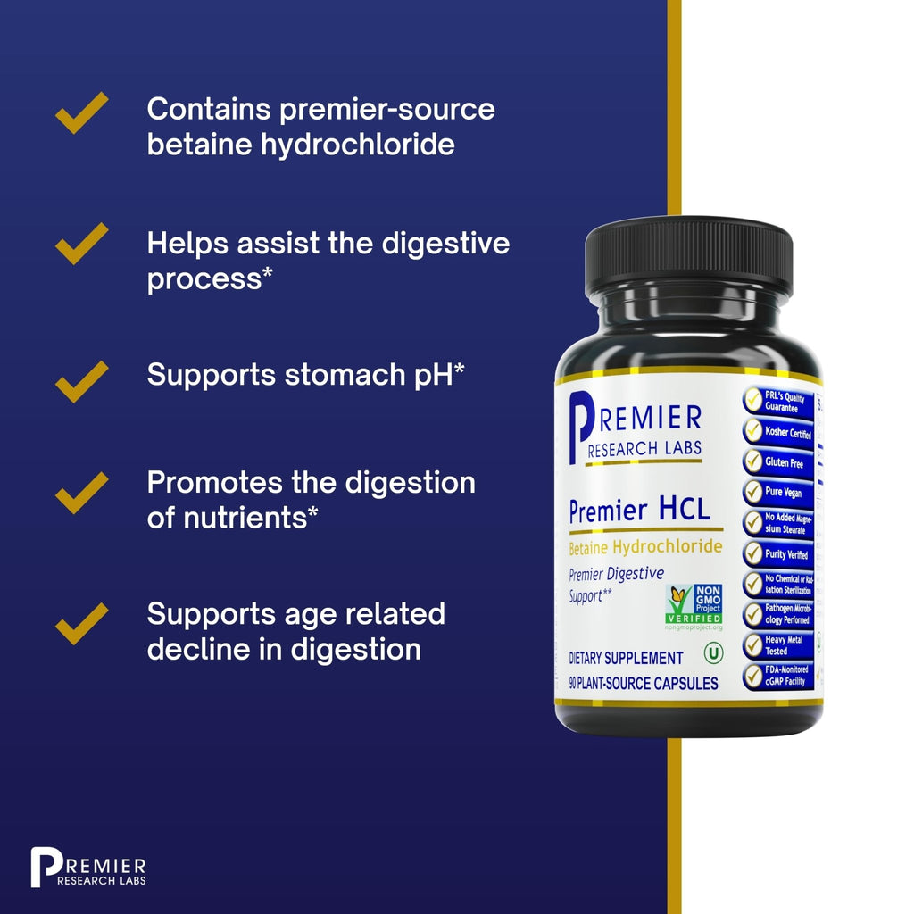 Premier Research Labs Premier HCL - Betaine HCL, Betaine Hydrochloride Supplement for Optimal Digestive Function, Nutrient Absorption, Betaine-HCL for Low Stomach Acid- 90 Vegetarian Capsules - TrustMedUSA
