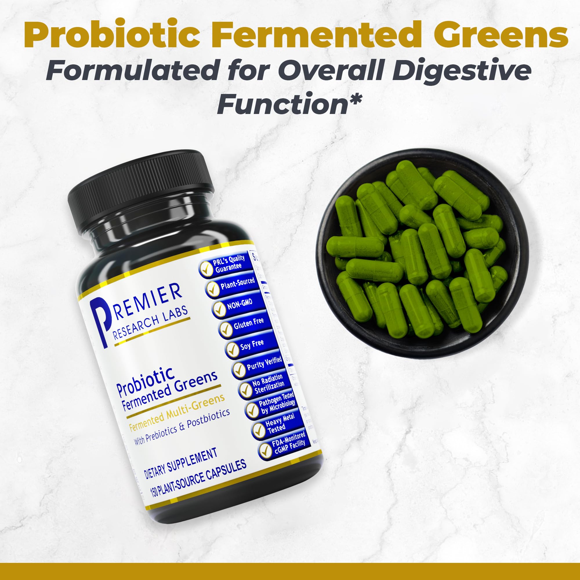 Premier Research Labs Probiotic Fermented Greens - Super Greens Supplement, Superfood Blend, Organic Vitamins with Probiotic - Daily Greens with Spinach, Chlorella, & More - 150 Powder Filled Capsules - TrustMedUSA