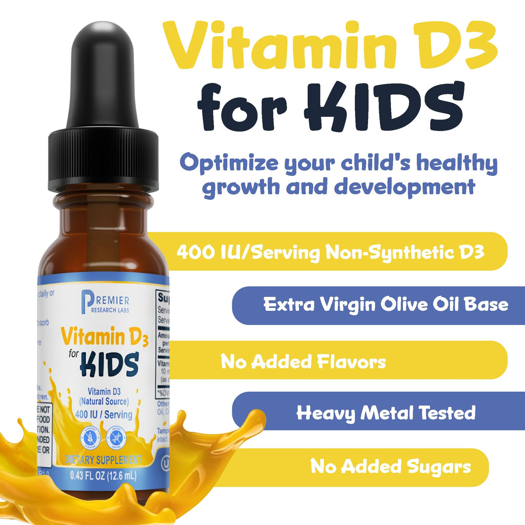 Premier Research Labs Vitamin D3 for Kids - Vitamin D Drops for Children, Kids Liquid Vitamin D, 400 IU Per Serving, Supports Healthy Brain Development - 0.43 fl oz - TrustMedUSA