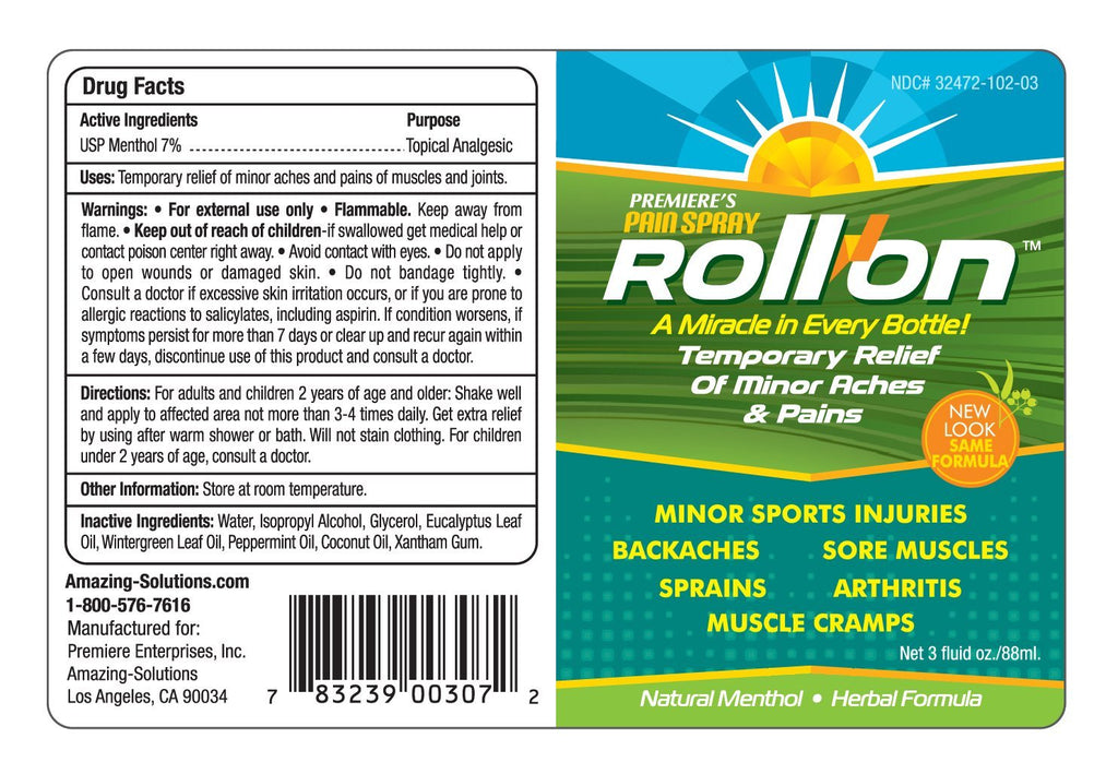 Premiere's Pain Spray All-Natural Menthol & Peppermint Roller Herbal Blend for Joint and Nerve Pain, Muscle Soreness, Sprains, Cramps, Sports Injuries, Back Pain & Neck Shoulder Aches - 1 Pack - TrustMedUSA