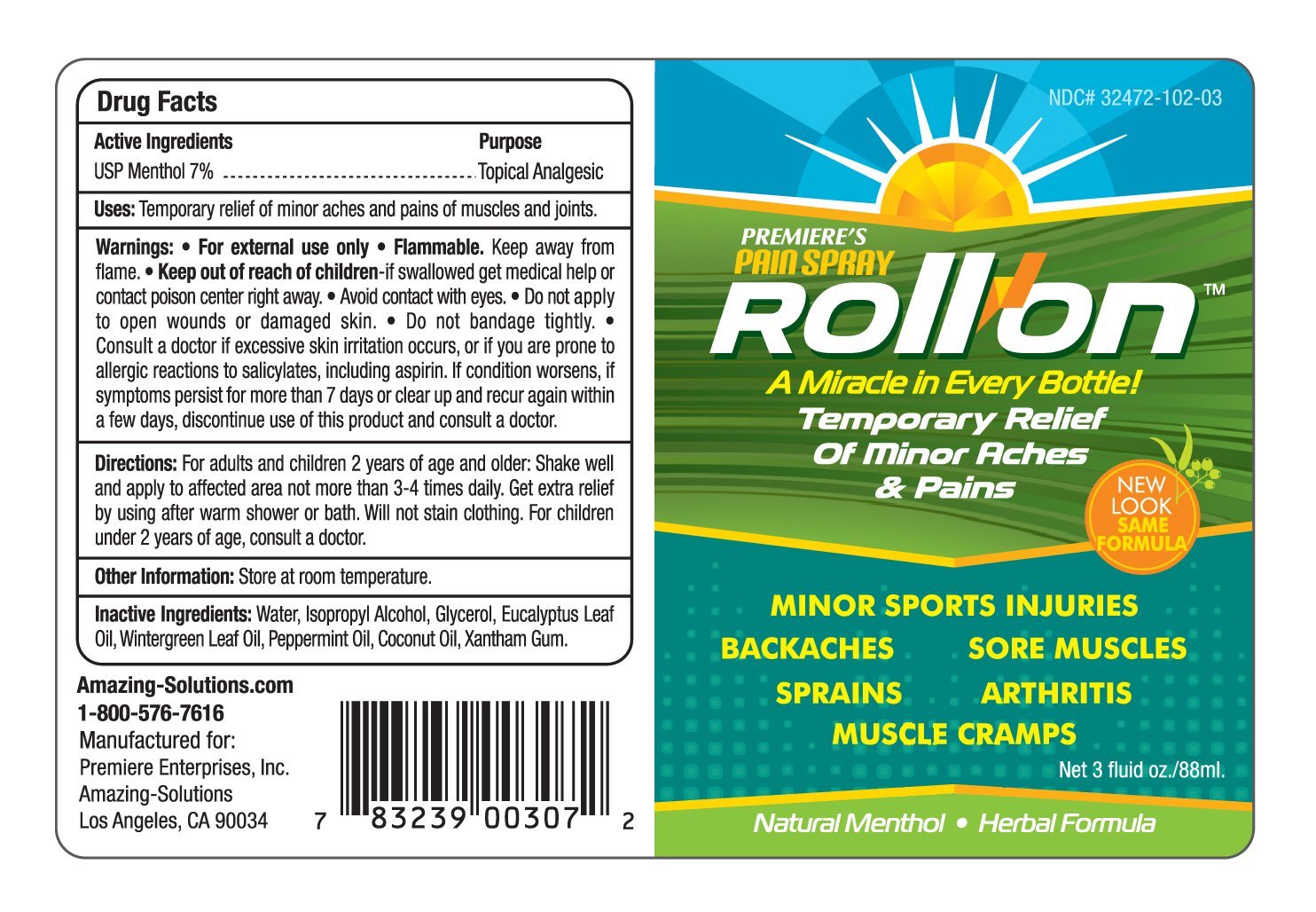 Premiere's Pain Spray All-Natural Menthol & Peppermint Roller Herbal Blend for Joint and Nerve Pain, Muscle Soreness, Sprains, Cramps, Sports Injuries, Back Pain & Neck Shoulder Aches - 1 Pack - TrustMedUSA