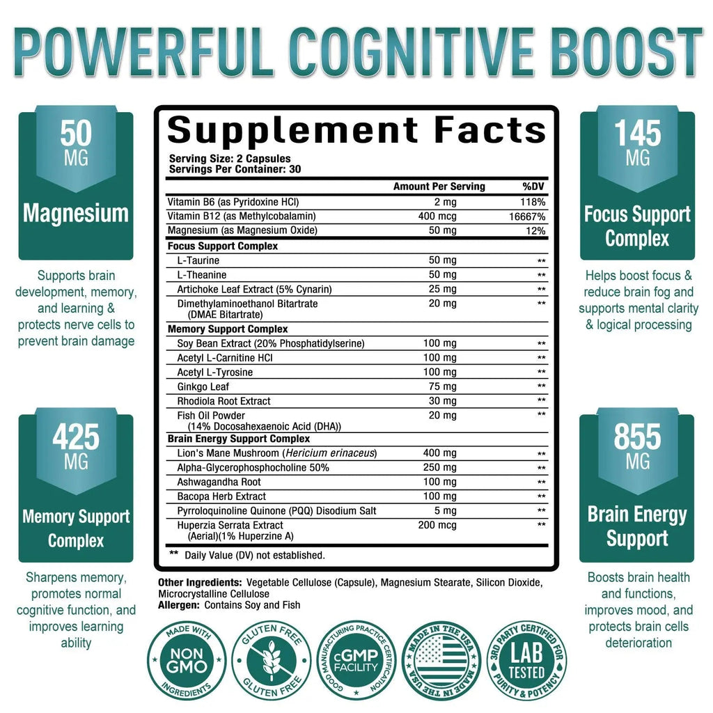 Premium Brain Supplement - Nootropic Brain Booster for Focus, Clarity, Improved Memory - TrustMedUSA