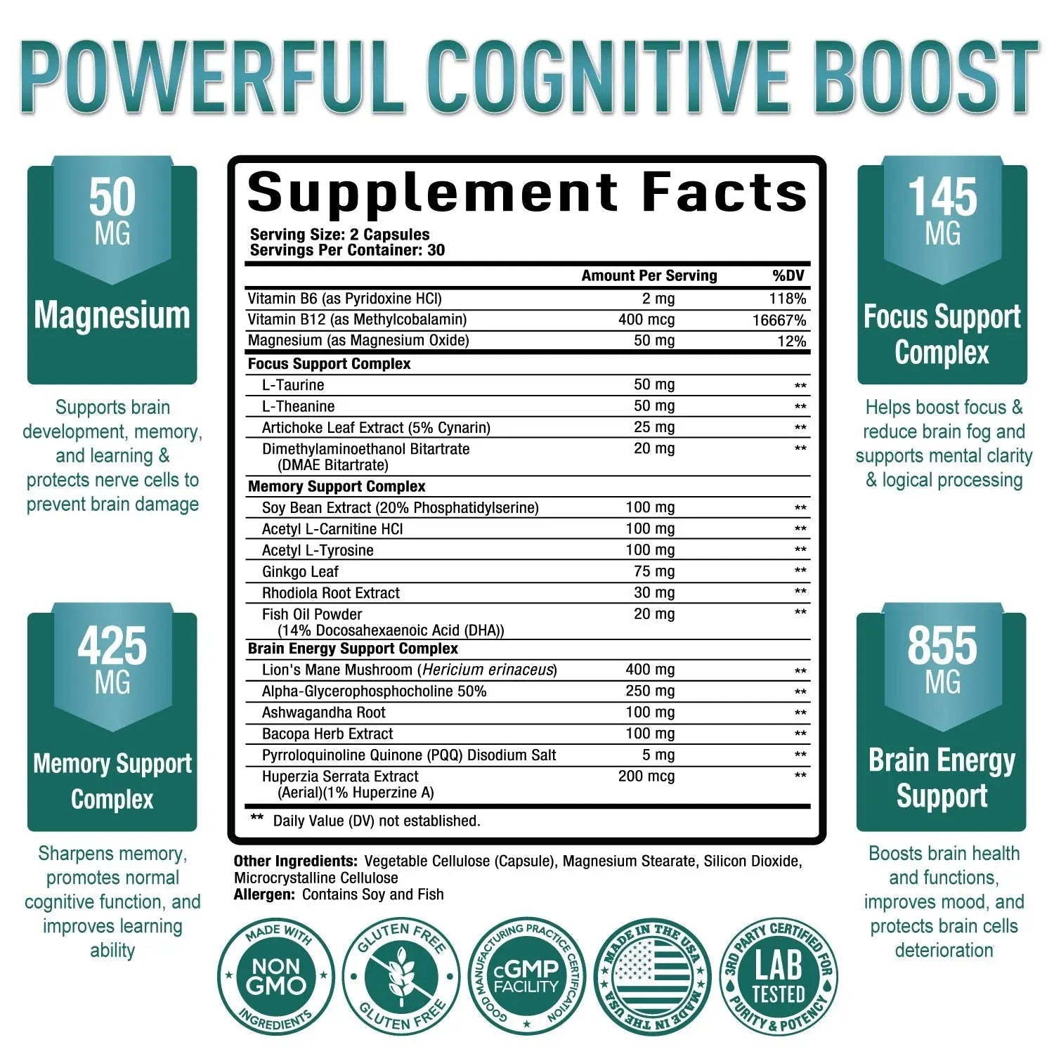 Premium Brain Supplement - Nootropic Brain Booster for Focus, Clarity, Improved Memory - TrustMedUSA