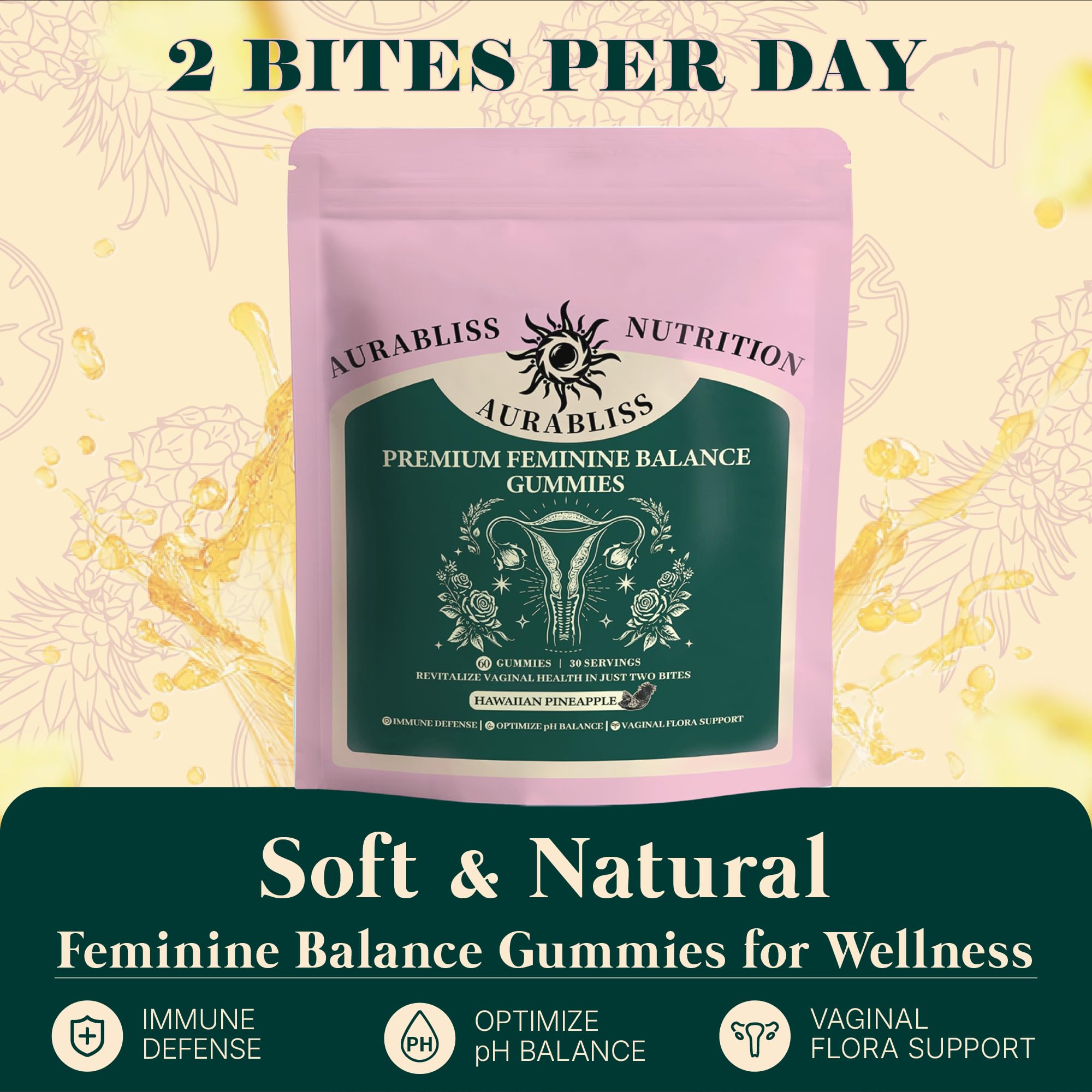 Premium Feminine Balance Gummies for Women - Hawaiian Pineapple Gummies for Women PH Balance Wellness, Immune Support, Vegan Daily Supplement for Odor and Flora Health , 60 Counts - 30 Servings - TrustMedUSA