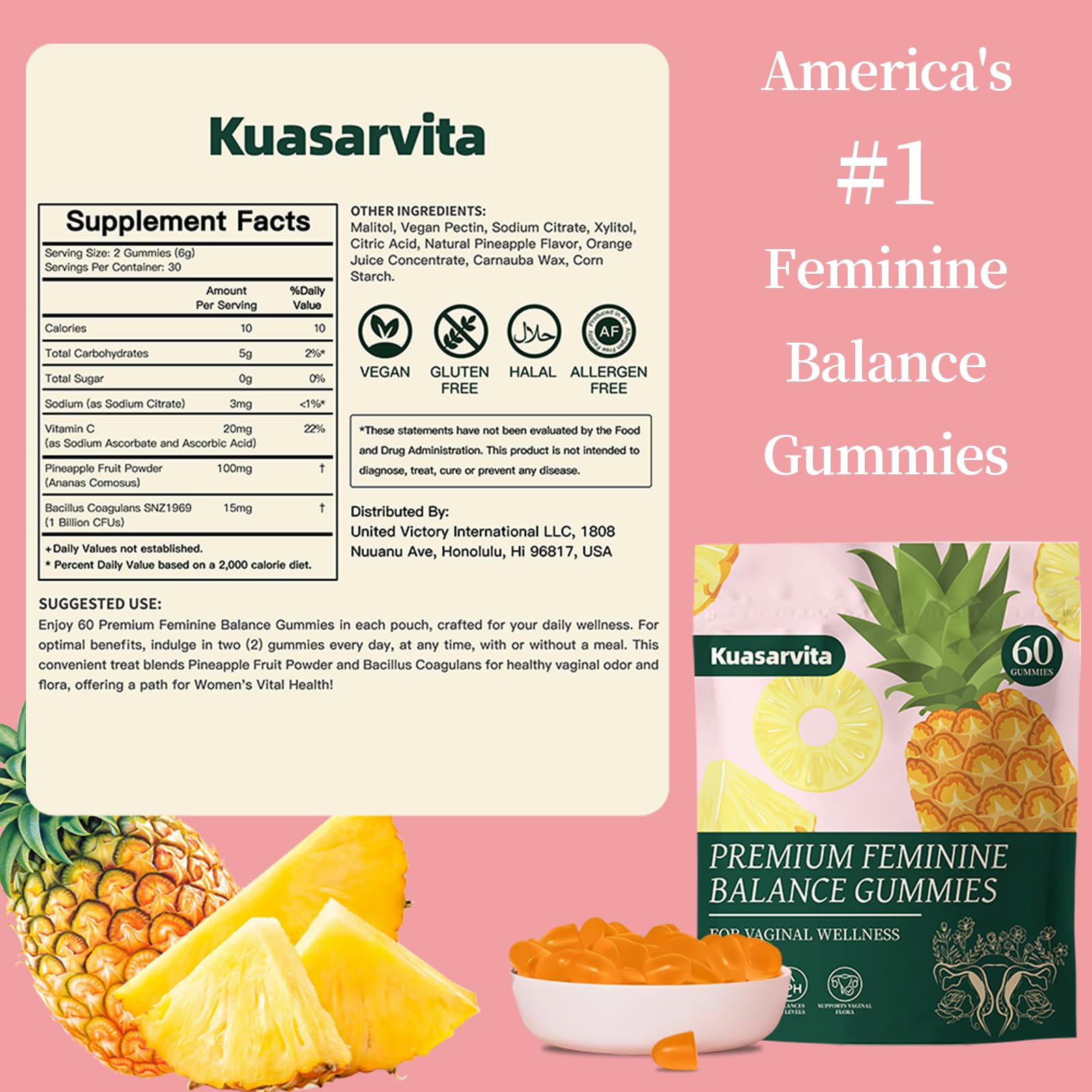 Premium Feminine Balance Gummies,Vital Vaginal Probiotics Source Feminine Gummies,Probiotic Gummies for Prenatal & Postnatal Women - Probiotics for Digestion, pH Balance, Gut Health, Immune Support - TrustMedUSA