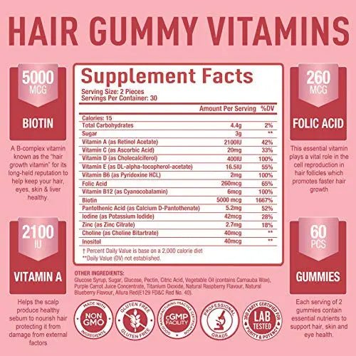 Premium Hair Vitamins Supplement-Gummy Vitamins w/Biotin, Folic Acid, Vitamins A&D - TrustMedUSA