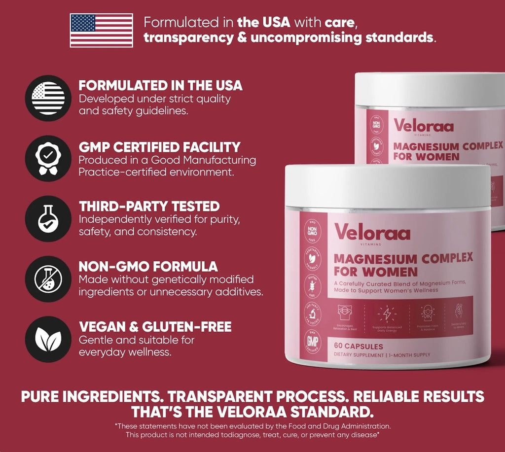 Premium Magnesium Complex for Women 60 Capsules | Complete 3-in-1 with Magnesium Glycinate Citrate & Malate Supports Calm, Digestion, Energy Vegan & Non-GMO Supplement | Veloraa - TrustMedUSA