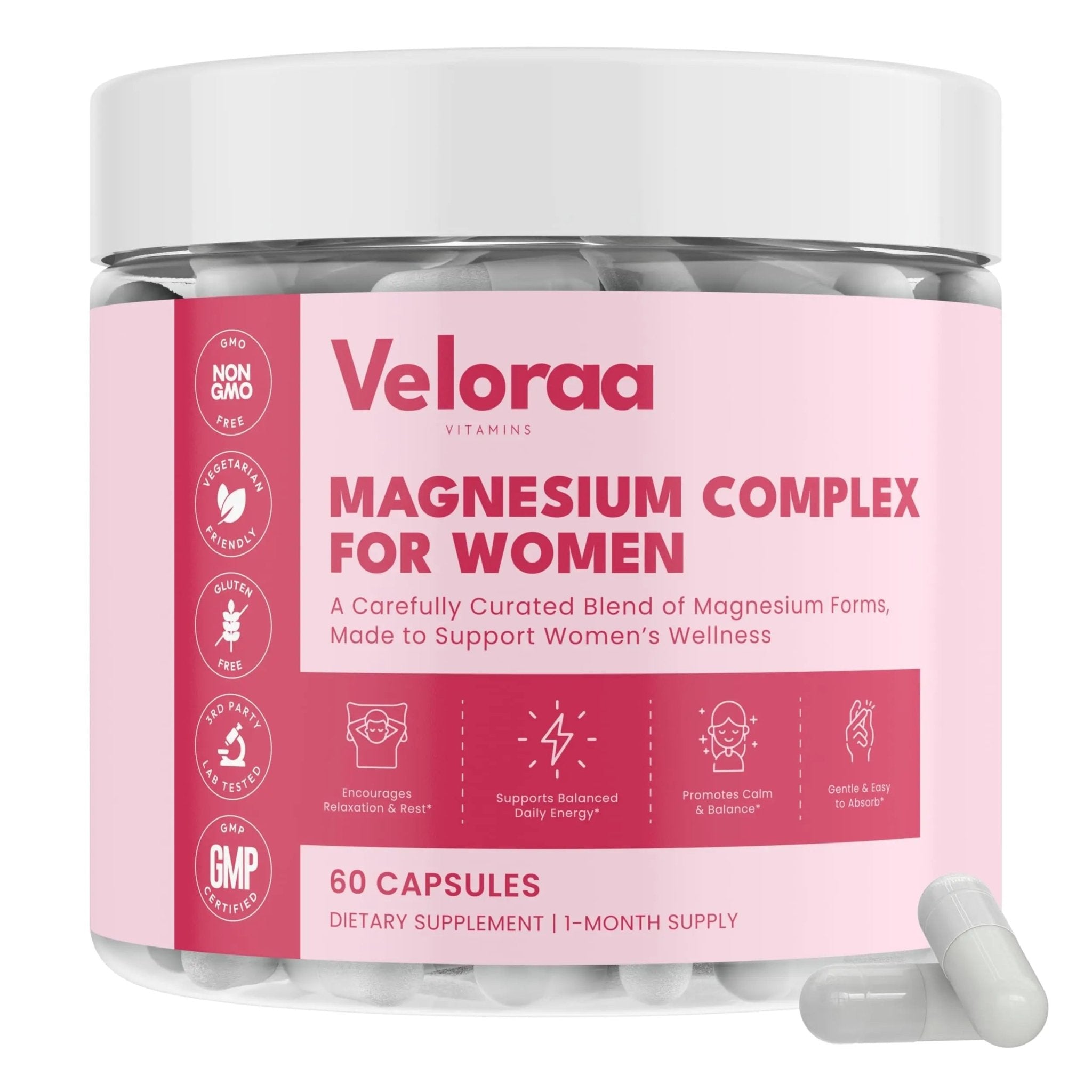 Premium Magnesium Complex for Women 60 Capsules | Complete 3-in-1 with Magnesium Glycinate Citrate & Malate Supports Calm, Digestion, Energy Vegan & Non-GMO Supplement | Veloraa - TrustMedUSA