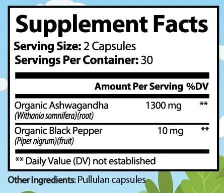 Premium Organic Ashwagandha with Black Pepper - 1300mg per Serving, 60 Capsules - Made in USA, FDA Registered Facility - Enhanced Absorption with Piperine for Optimal Performance - TrustMedUSA