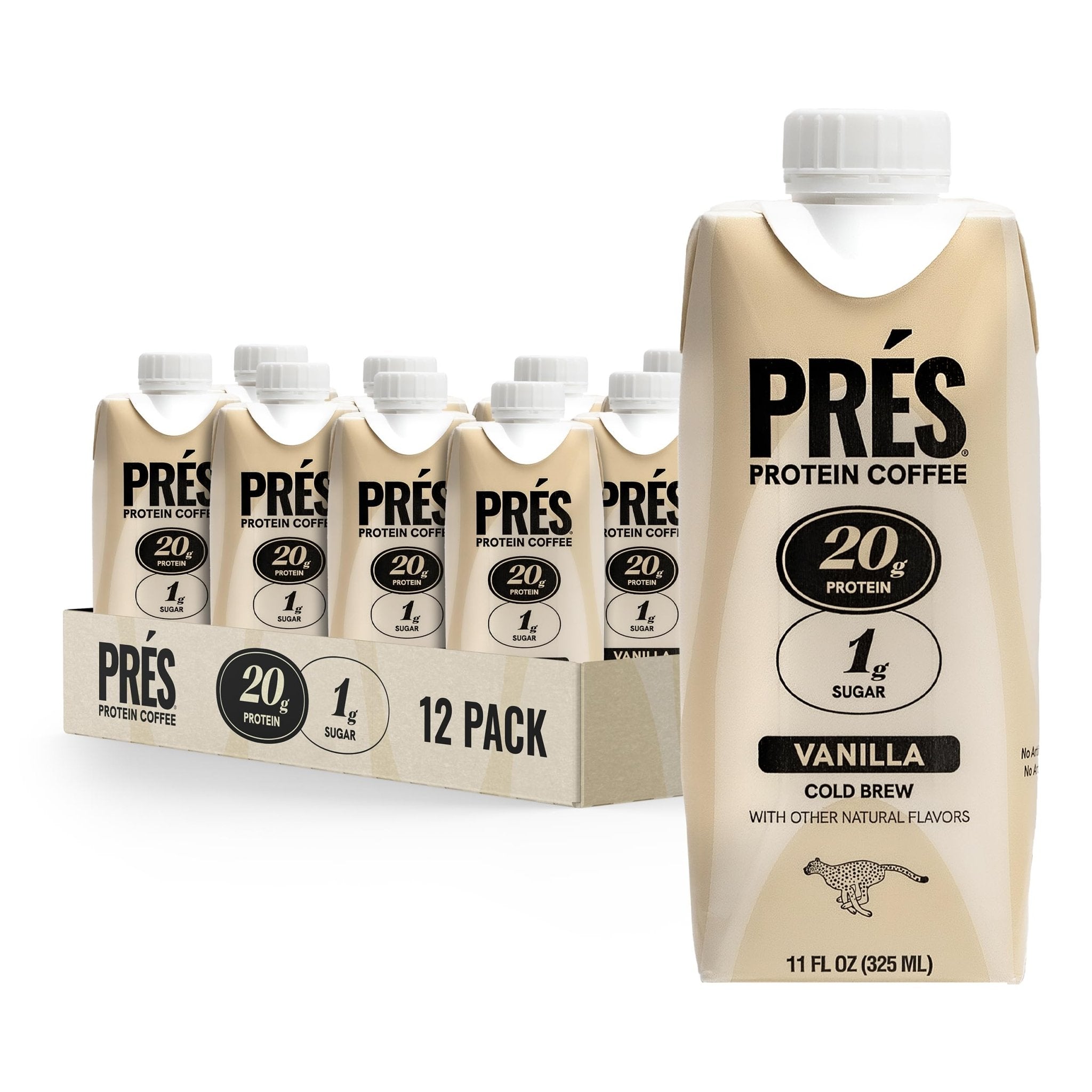 Prés, Protein Coffee, Vanilla, High Protein, Real Cold Brew, 20g Protein, 1g Sugar, 100 Calories, No Added Sugar, Coffee, Protein, Kosher, Soy Free, Nut Free, Non-GMO, Low Carb (12 Pack) - Maple Wellness Supplements