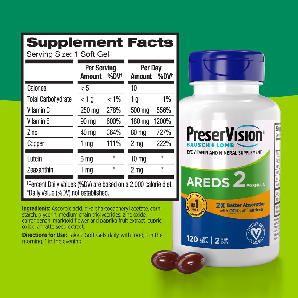 PreserVision AREDS 2 Eye Vitamin & Mineral Supplement with OCUSorb, 120 Vegan Soft Gels, Contains Lutein, Zeaxanthin, Vitamin C & E, Zinc, & Copper, Eye Health Supplements for Adults - TrustMedUSA