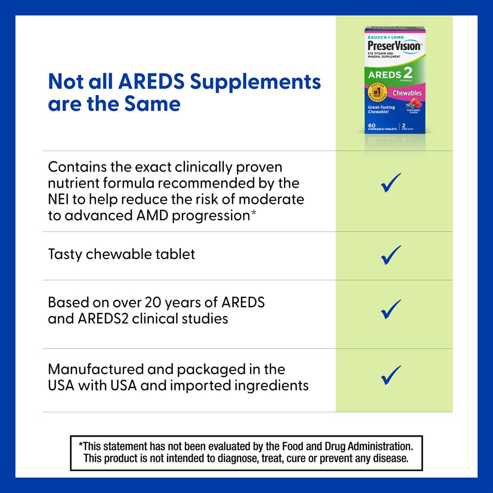 PreserVision AREDS 2 Eye Vitamins, 1 Eye Doctor Recommended Brand, Chewable Lutein and Zeaxanthin Supplement with Vitamin C, Vitamin E,Zinc, and Copper, Mixed Berry, 70 Tablets - TrustMedUSA