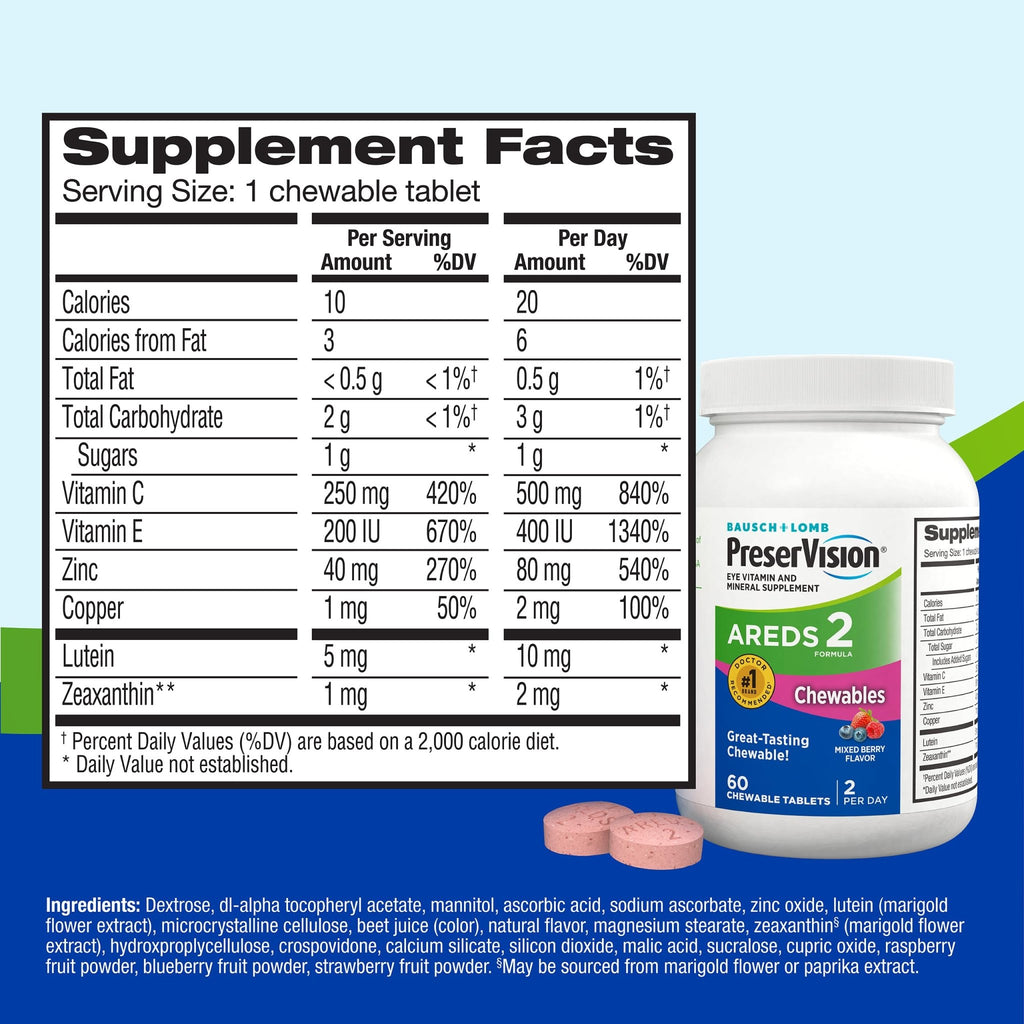 PreserVision AREDS 2 Eye Vitamins, 1 Eye Doctor Recommended Brand, Chewable Lutein and Zeaxanthin Supplement with Vitamin C, Vitamin E,Zinc, and Copper, Mixed Berry, 70 Tablets - TrustMedUSA