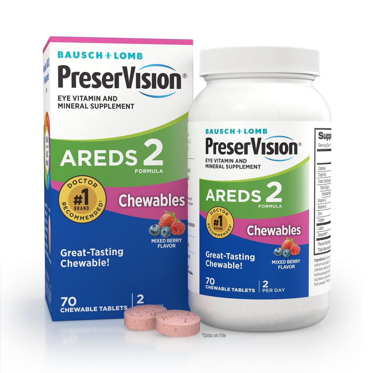 PreserVision AREDS 2 Eye Vitamins, 1 Eye Doctor Recommended Brand, Chewable Lutein and Zeaxanthin Supplement with Vitamin C, Vitamin E,Zinc, and Copper, Mixed Berry, 70 Tablets - TrustMedUSA