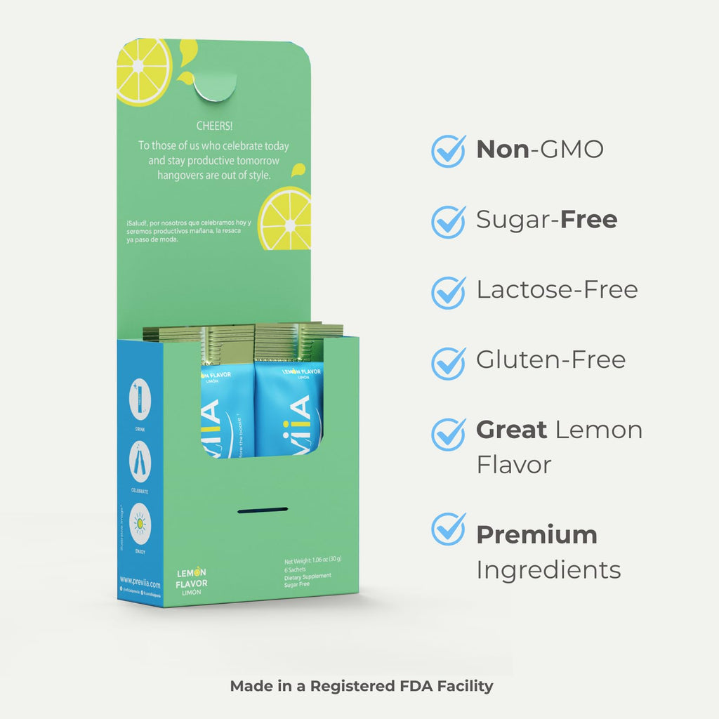 Previia – Pre-Drink Supplement | Nutrients Before Social Drinking | Cysteine, Choline, B-Complex, Magnesium, VIT C | Lemon Flavor | Soluble Drink | 6 Doses | Feel Better After Drinking - TrustMedUSA