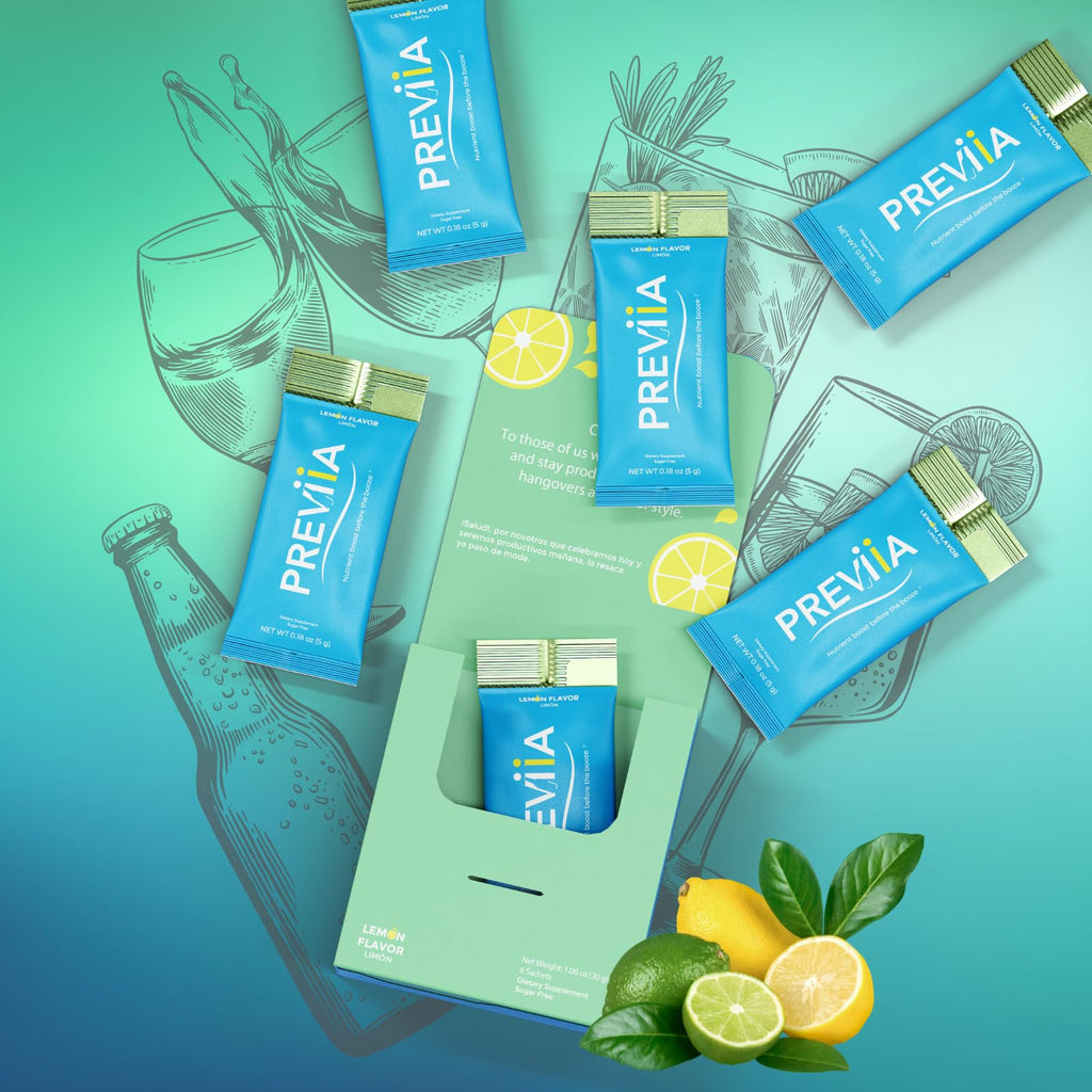 Previia – Pre-Drink Supplement | Nutrients Before Social Drinking | Cysteine, Choline, B-Complex, Magnesium, VIT C | Lemon Flavor | Soluble Drink | 6 Doses | Feel Better After Drinking - TrustMedUSA