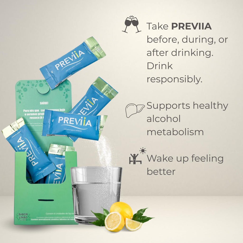 Previia – Pre-Drink Supplement | Nutrients Before Social Drinking | Cysteine, Choline, B-Complex, Magnesium, VIT C | Lemon Flavor | Soluble Drink | 6 Doses | Feel Better After Drinking - TrustMedUSA