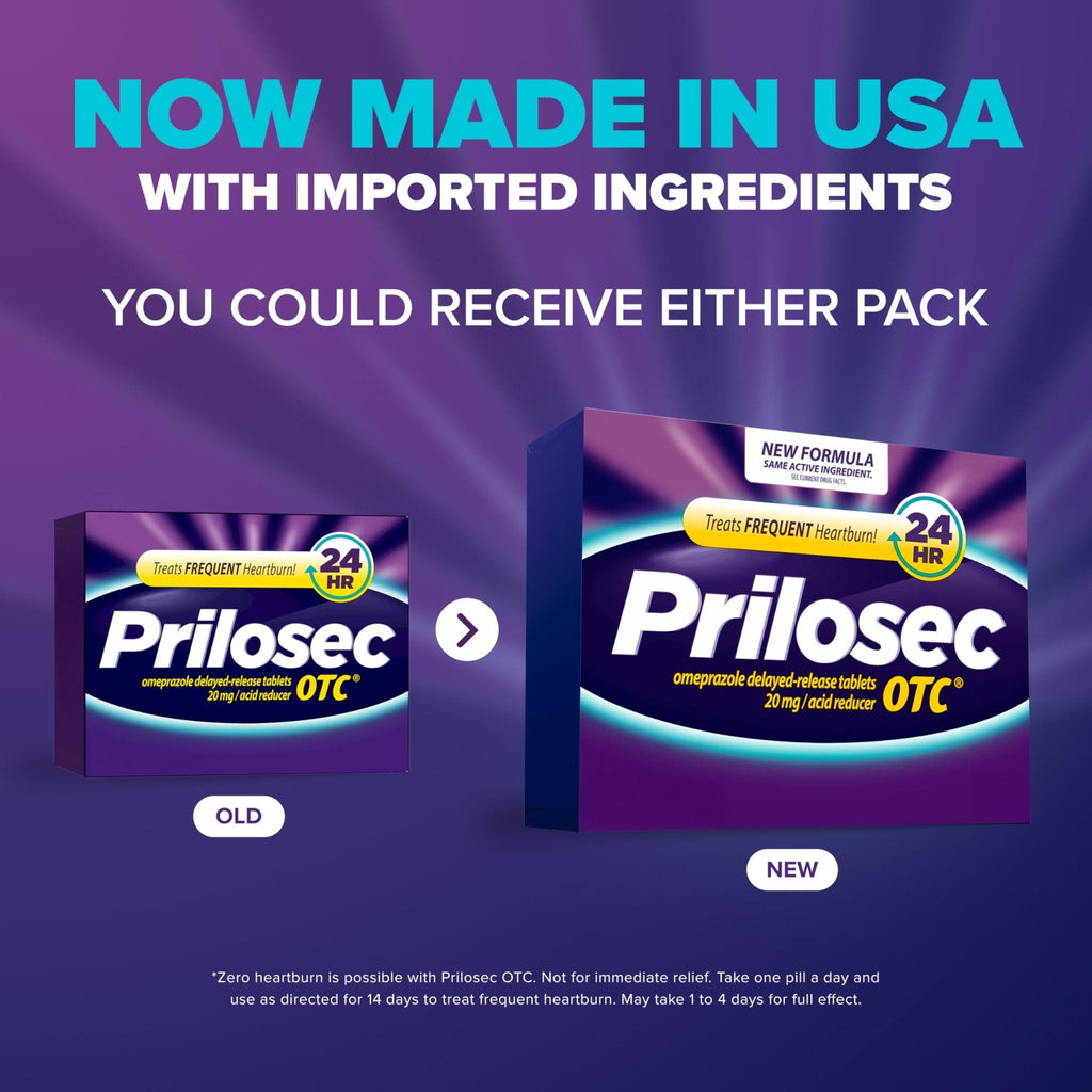 Prilosec OTC, Omeprazole Delayed Release 20mg, Acid Reducer, Treats Frequent Heartburn for 24 Hour Relief, All Day, All Night*, Heartburn Medicine, 20mg, 14 Tablets - Maple Wellness Supplements