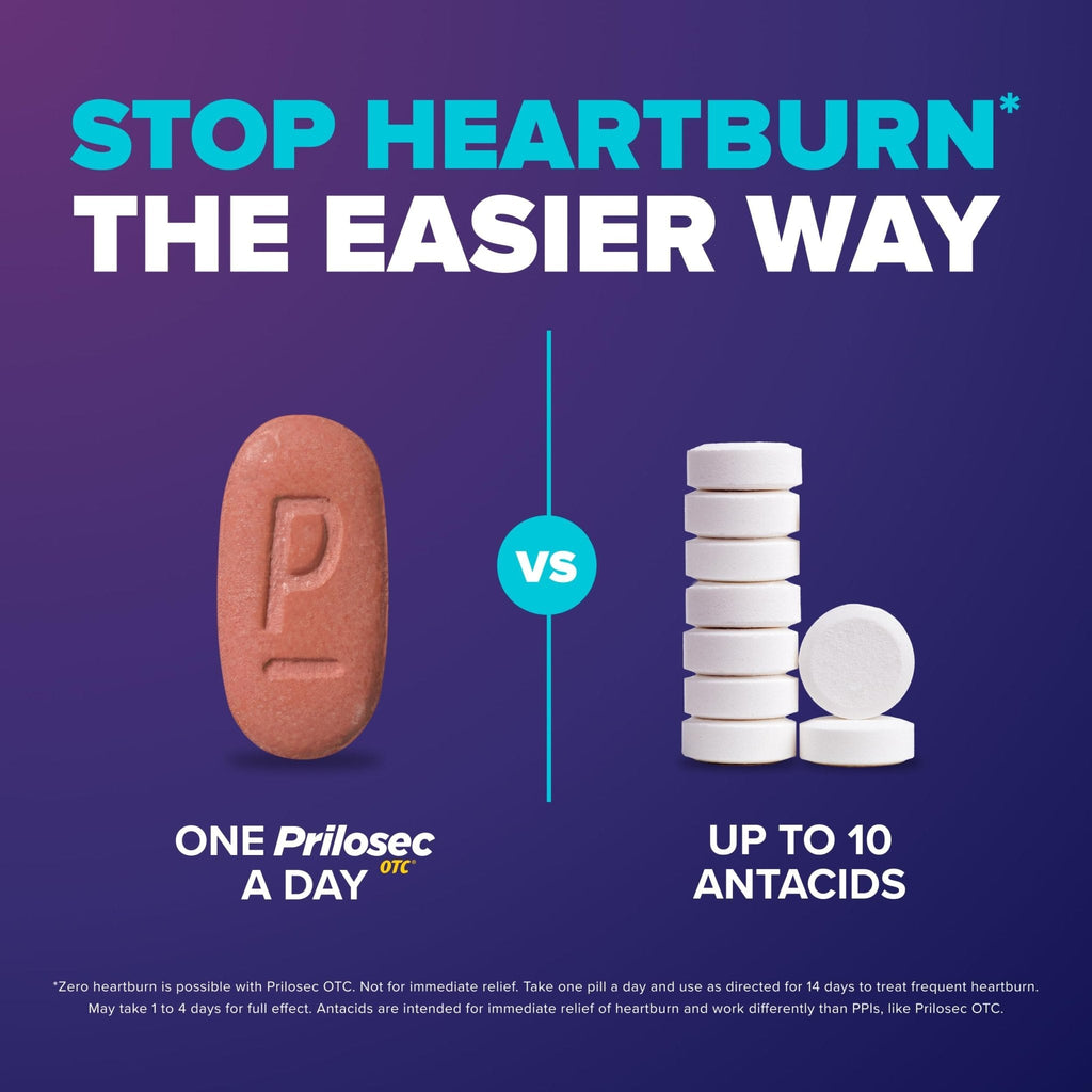 Prilosec OTC, Omeprazole Delayed Release 20mg, Acid Reducer, Treats Frequent Heartburn for 24 Hour Relief, All Day, All Night*, Heartburn Medicine, 20mg, 14 Tablets - Maple Wellness Supplements