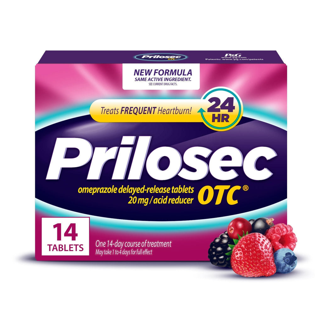 Prilosec OTC, Omeprazole Delayed Release 20mg, Acid Reducer, Treats Frequent Heartburn for 24 Hour Relief, All Day, All Night*, Heartburn Medicine, 20mg, Wildberry Flavor, 14 Tablets - Maple Wellness Supplements