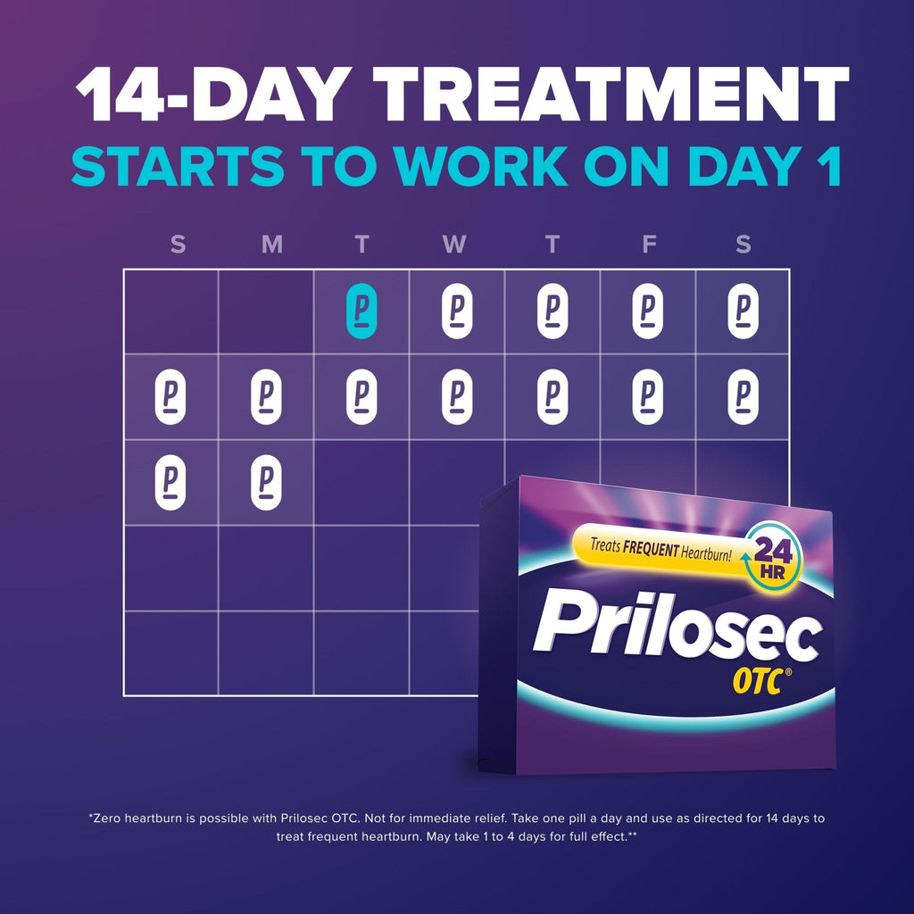 Prilosec OTC, Omeprazole Delayed Release 20mg, Acid Reducer, Treats Frequent Heartburn for 24 Hour Relief, All Day, All Night*, Heartburn Medicine, 20mg, Wildberry Flavor, 42 Tablets - Maple Wellness Supplements