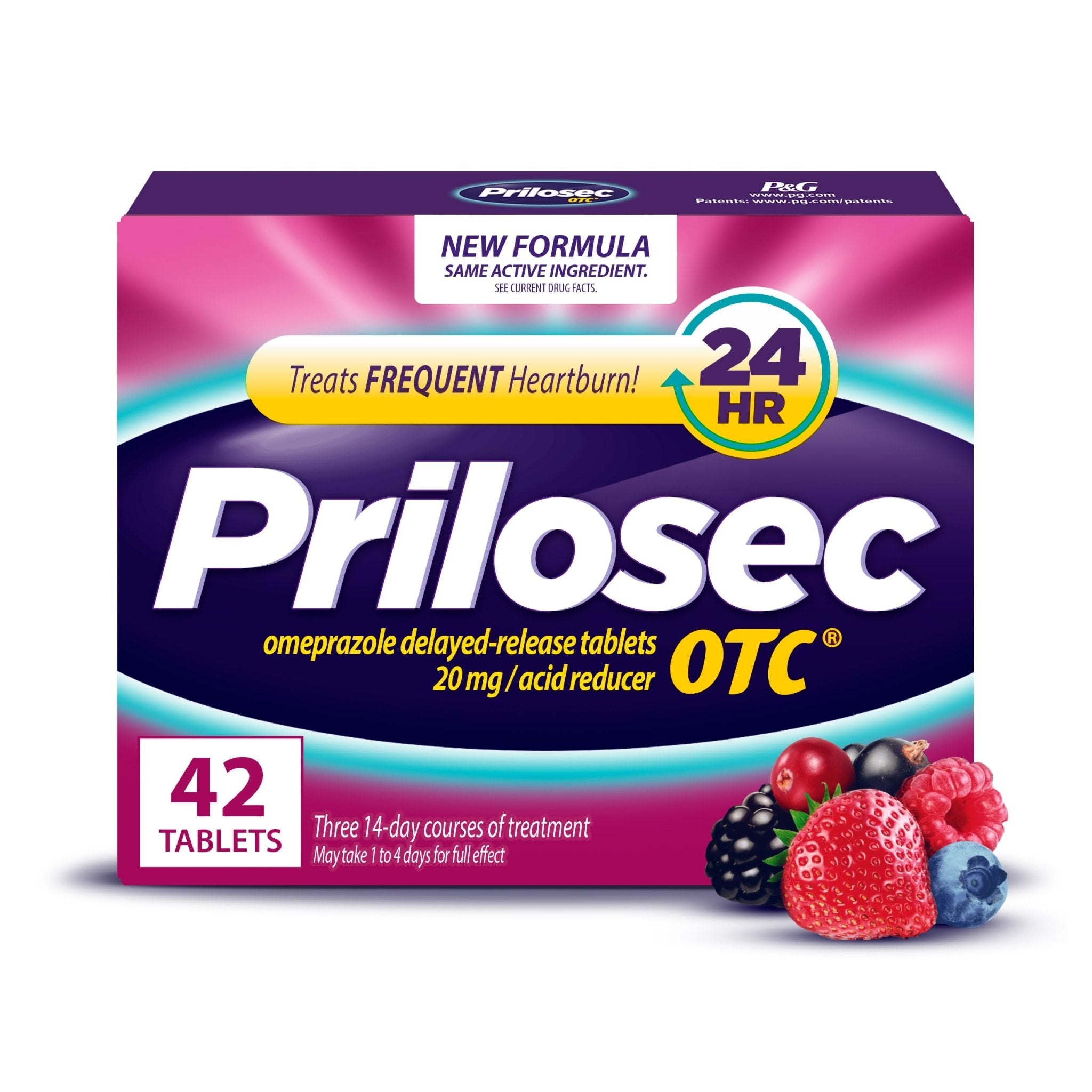 Prilosec OTC, Omeprazole Delayed Release 20mg, Acid Reducer, Treats Frequent Heartburn for 24 Hour Relief, All Day, All Night*, Heartburn Medicine, 20mg, Wildberry Flavor, 42 Tablets - Maple Wellness Supplements